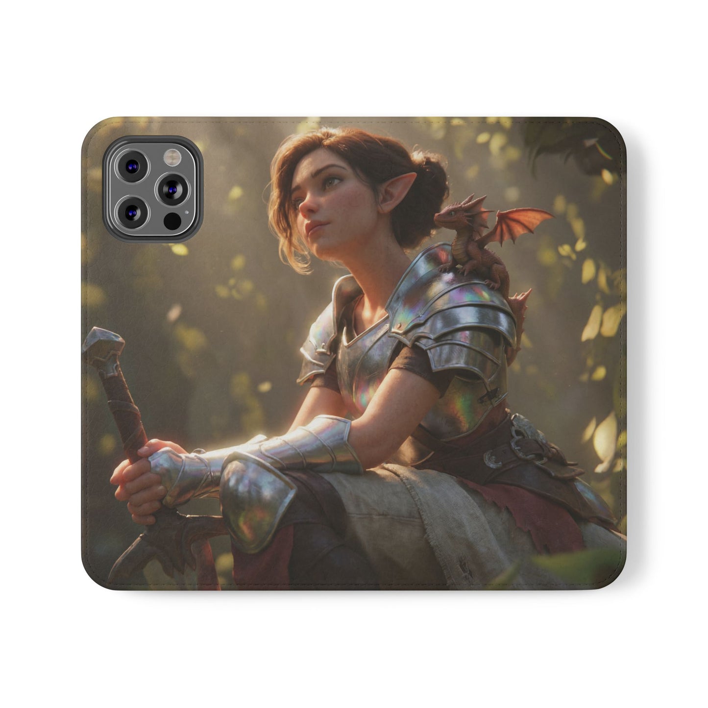 Elven Knight with Dragon Flip Cases – Iridescent Armor & Tiny Guardian Portrait