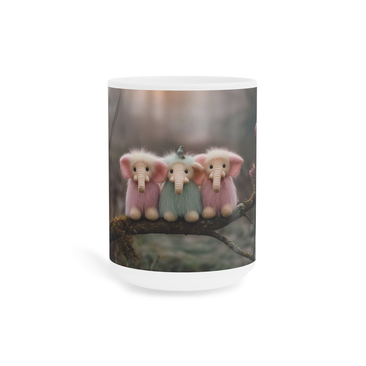 Three Furred Elephants Ceramic Mugs (11oz\15oz\20oz) – Dawn’s Whisper on Mossy Branch
