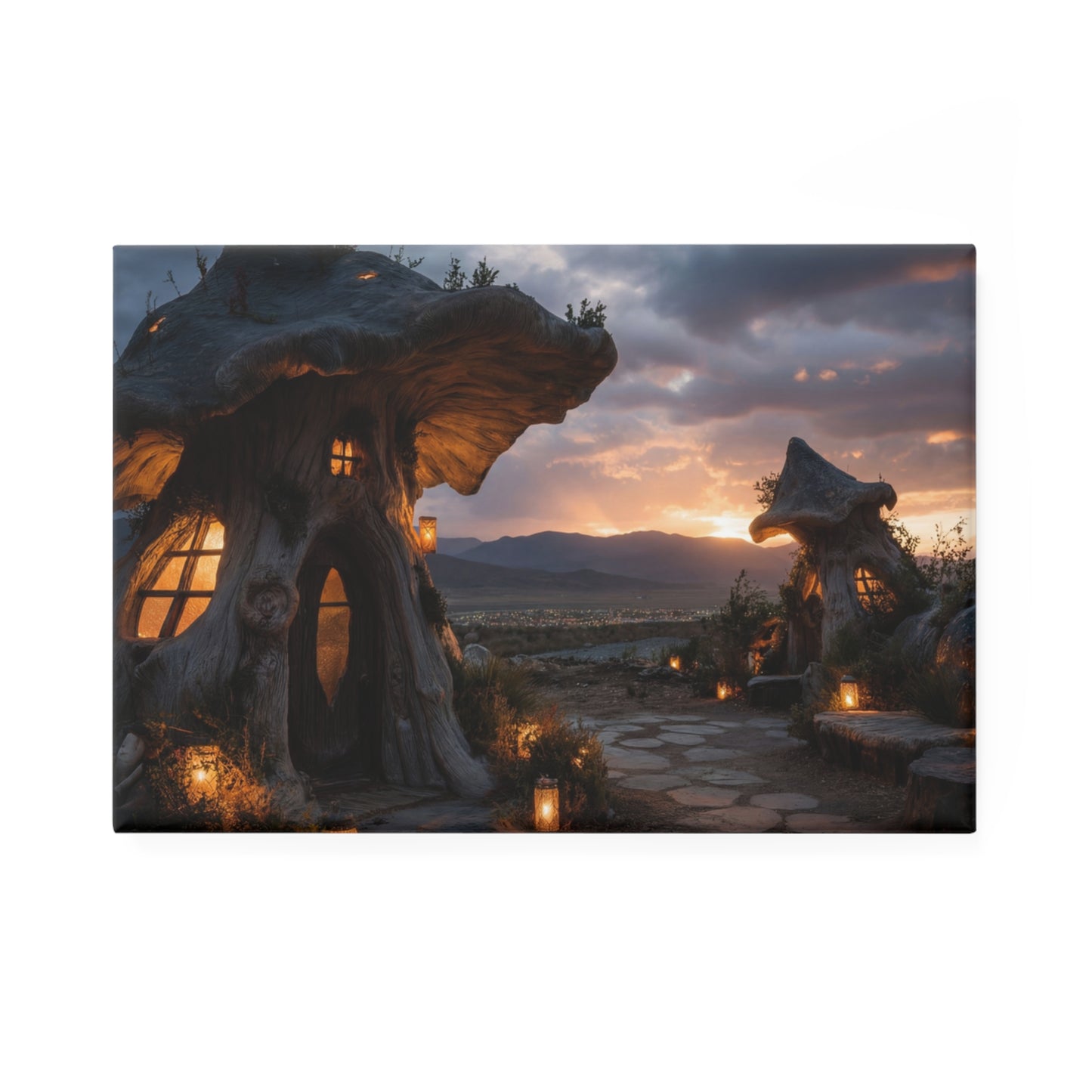 Enchanted Mushroom Cottage Magnet – Twilight Vista with Glowing Lanterns