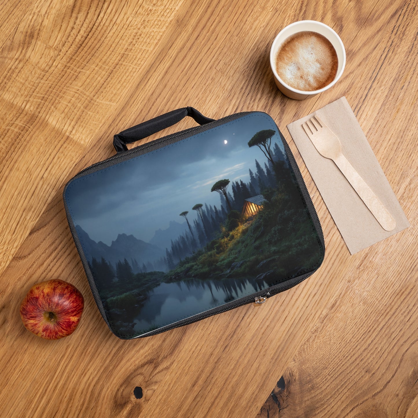 Moonlit Mountain Cabin Lunch Bag – Warm Light in the Deep Blue Stillness
