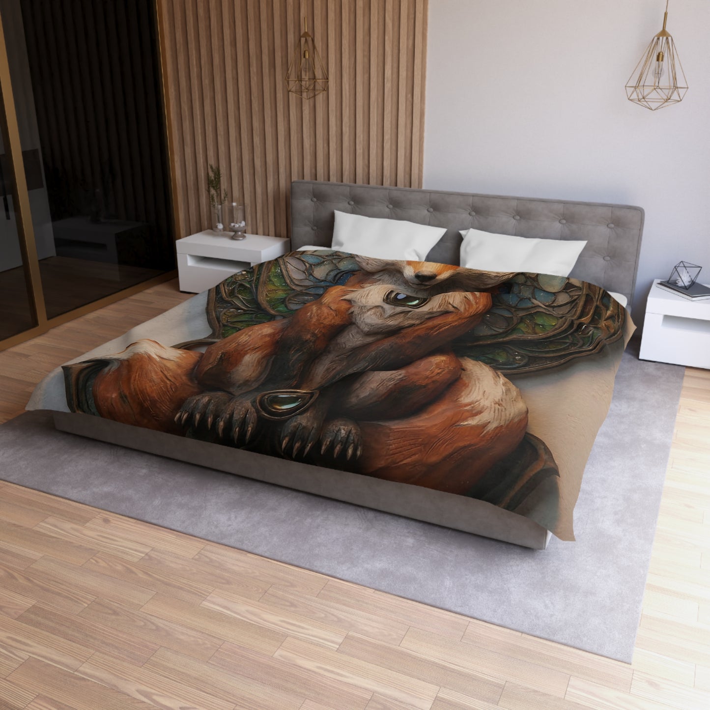 Fox Sentinel Microfiber Duvet Cover – Warm Amber Guardian in Stained Glass
