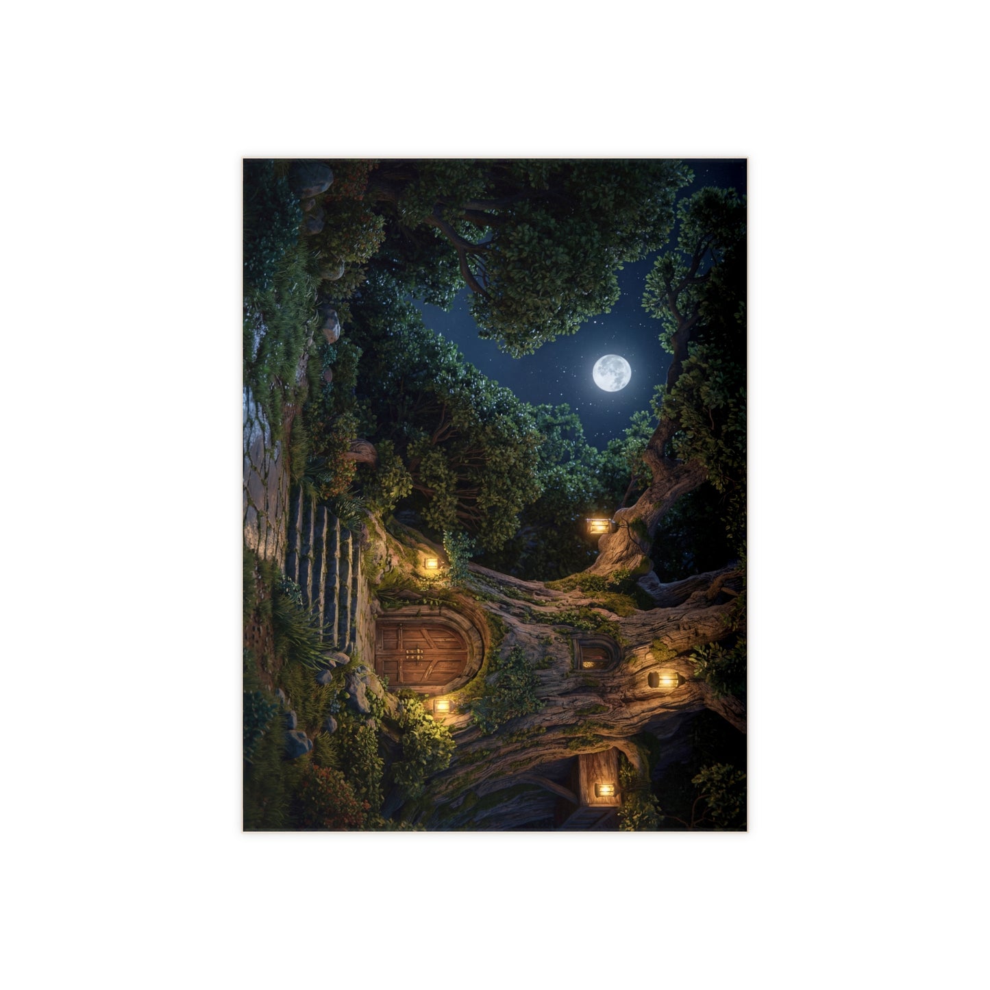 Moonlit Treehouse Haven Ceramic Photo Tile – Secret Garden Doorway Under Stars