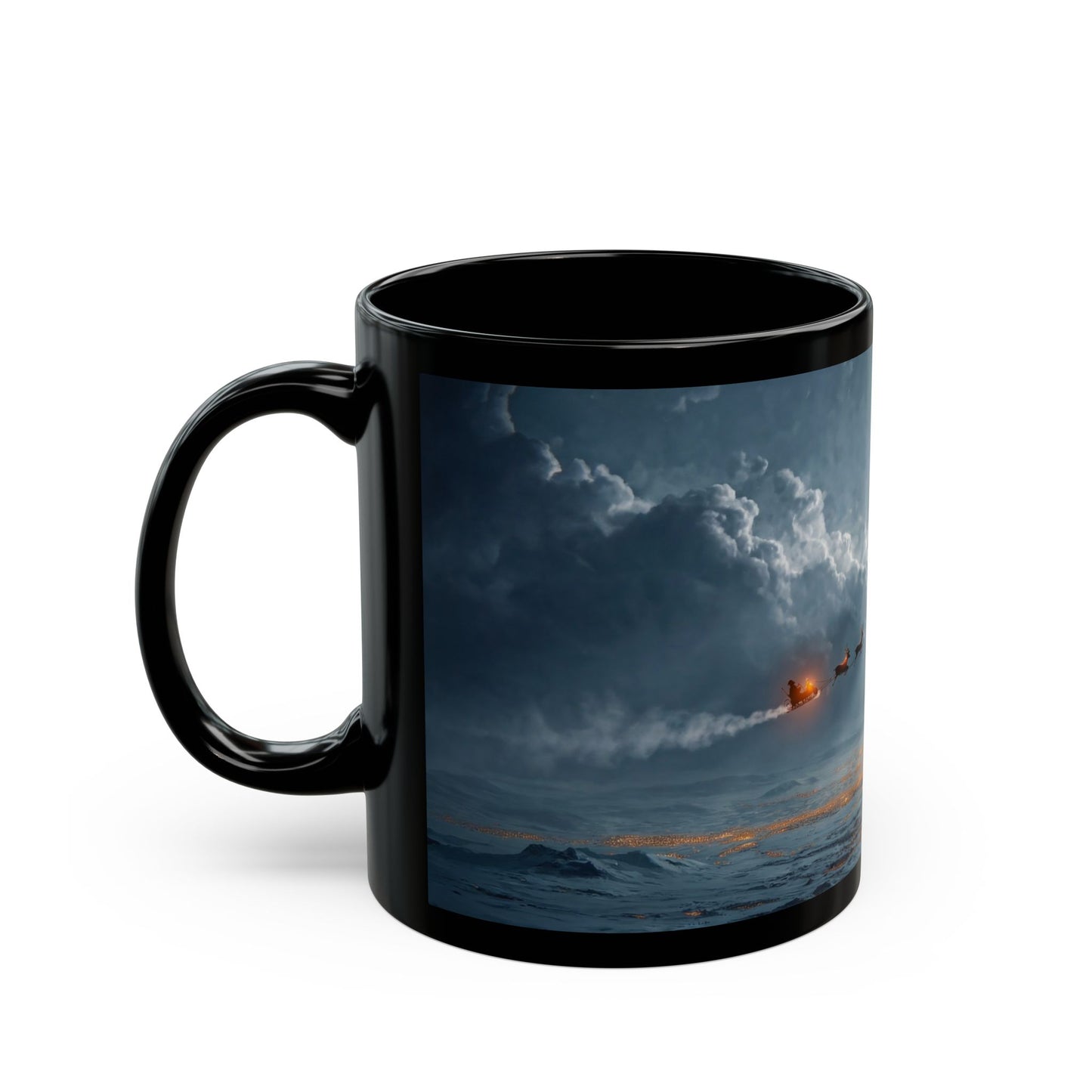 Moonlit Sleigh Ride Black Mug – Winter’s Silent Journey Over Snowy Peaks