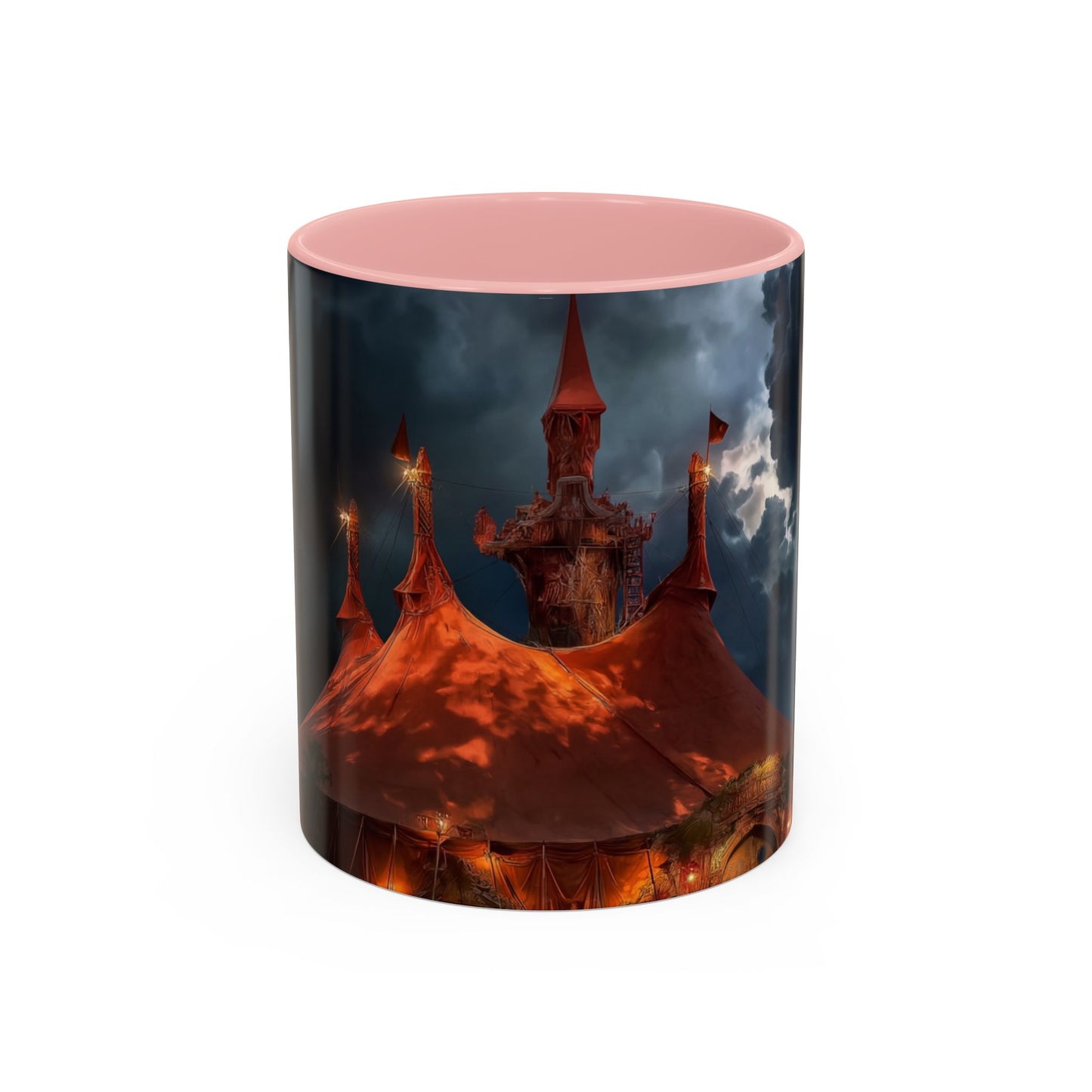 Crimson Circus Tent Accent Coffee Mug (11, 15oz) – Neon Nightscape Under Thunderclouds