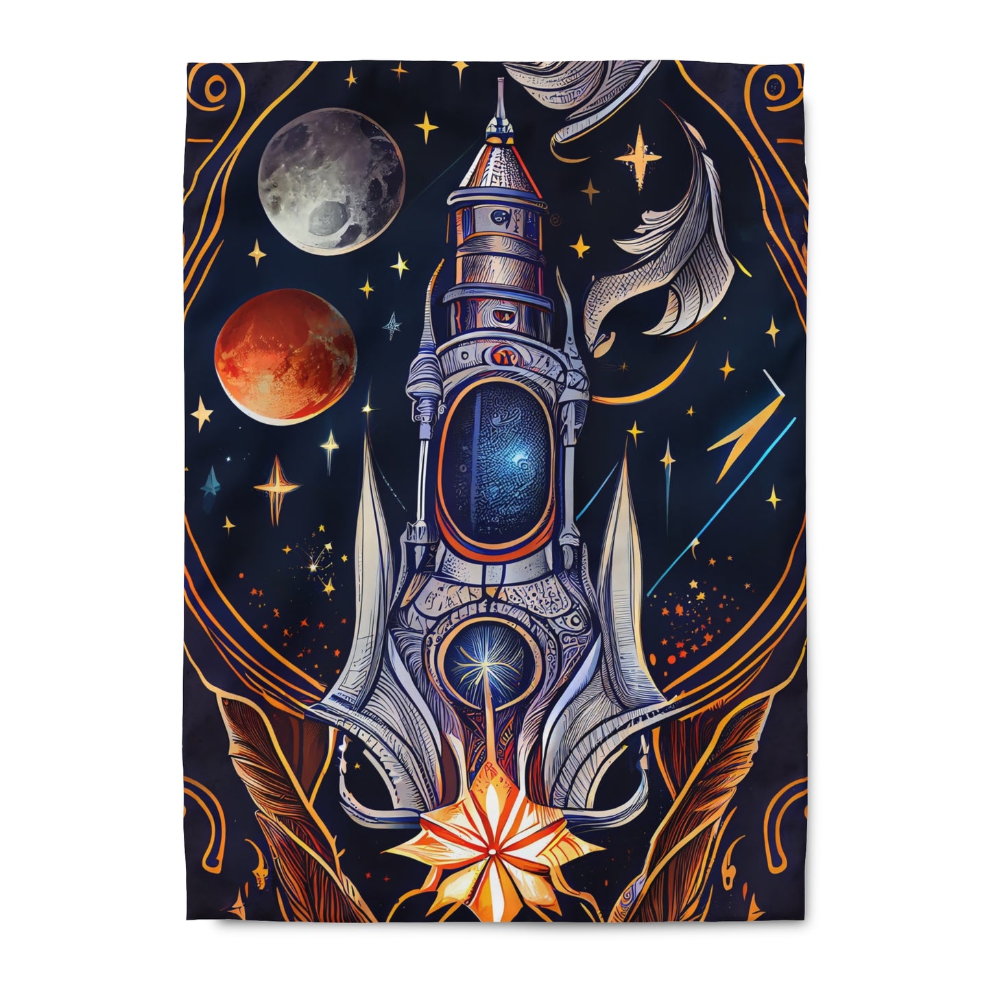 t-shirt design, rocket ship, stars, moons, art nouveau, alphonse much - Duvet Cover