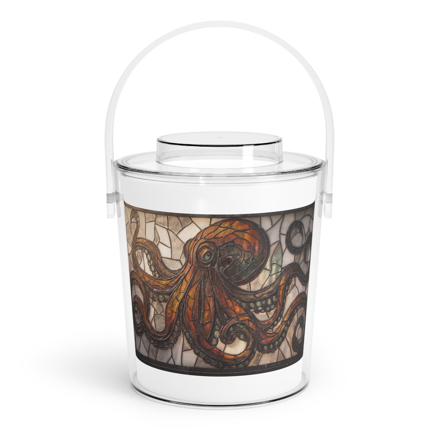 Stained Glass Octopus Ice Bucket with Tongs – Amber Depths & Iron Lace