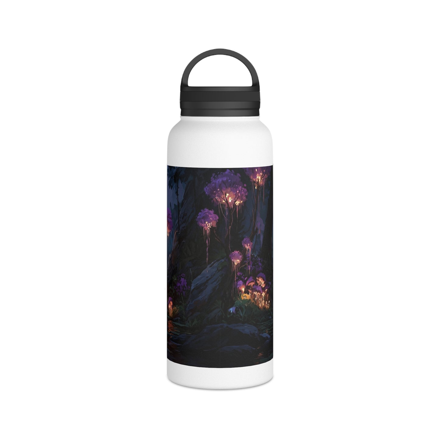 Bioluminescent Grove Stainless Steel Water Bottle, Handle Lid – Twilight’s Whispering Waterscape
