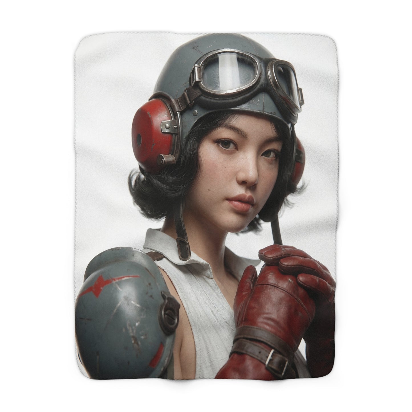 Vintage Pilot Portrait Sherpa Fleece Blanket – Crimson Goggles & Steel Helm