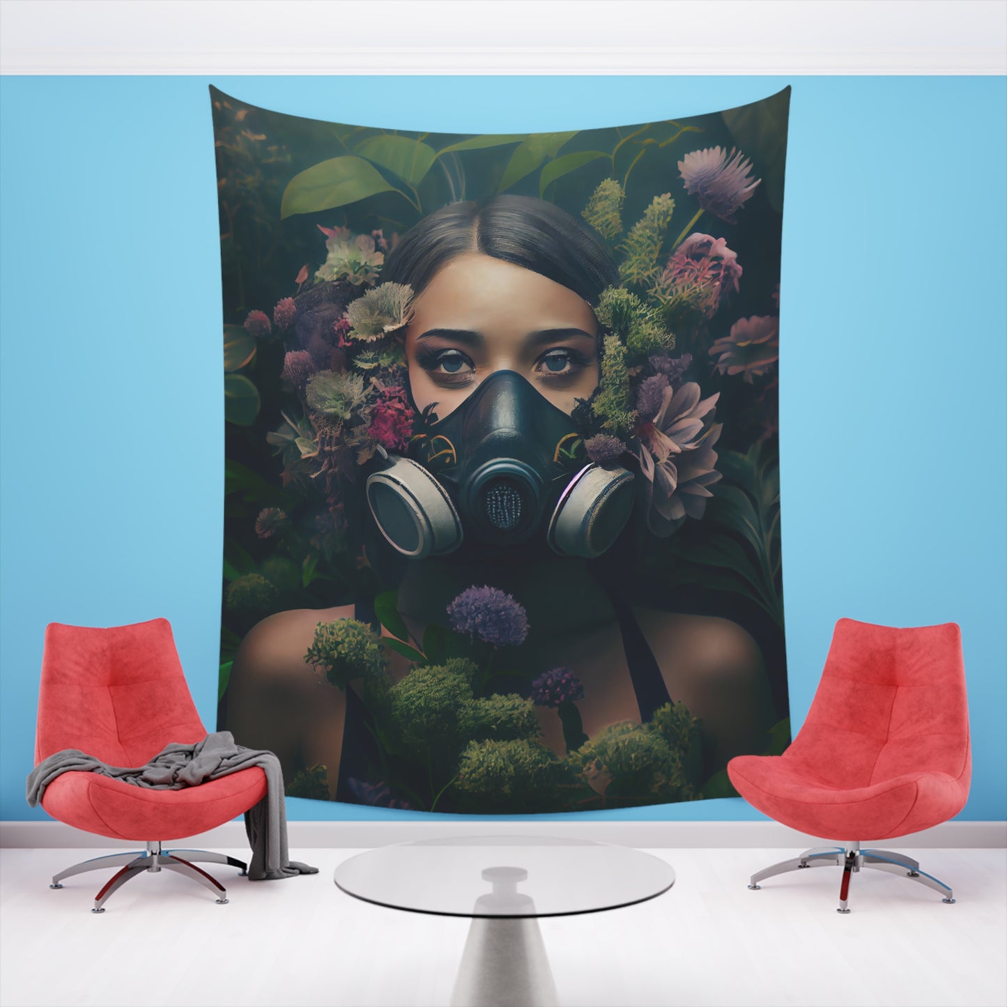 a beautiful woman wearing a gas mask filled with plants and flowers and moss - Printed Wall Tapestry