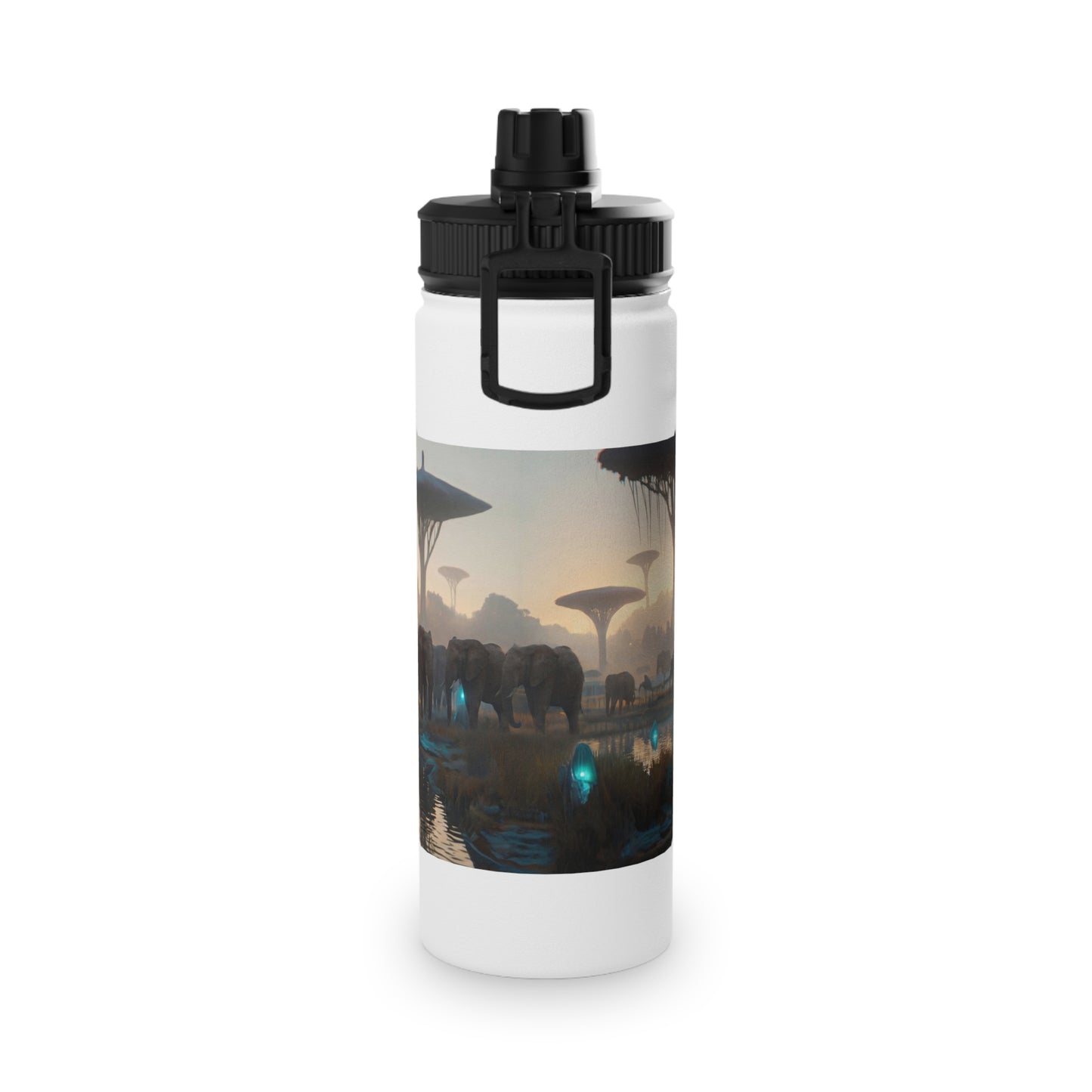 Elephants of the Bio-Luminescent Savanna Stainless Steel Water Bottle, Sports Lid – Twilight Oasis