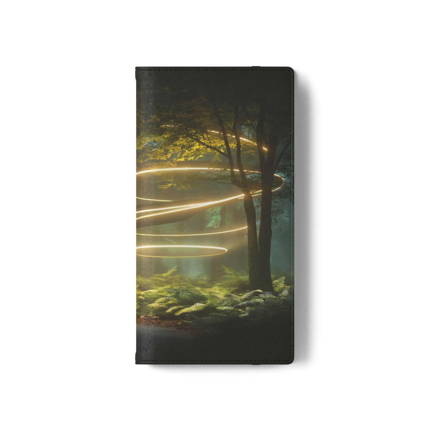 Luminous Spiral Forest Flip Cases – Golden Light Rings Mystery Scene