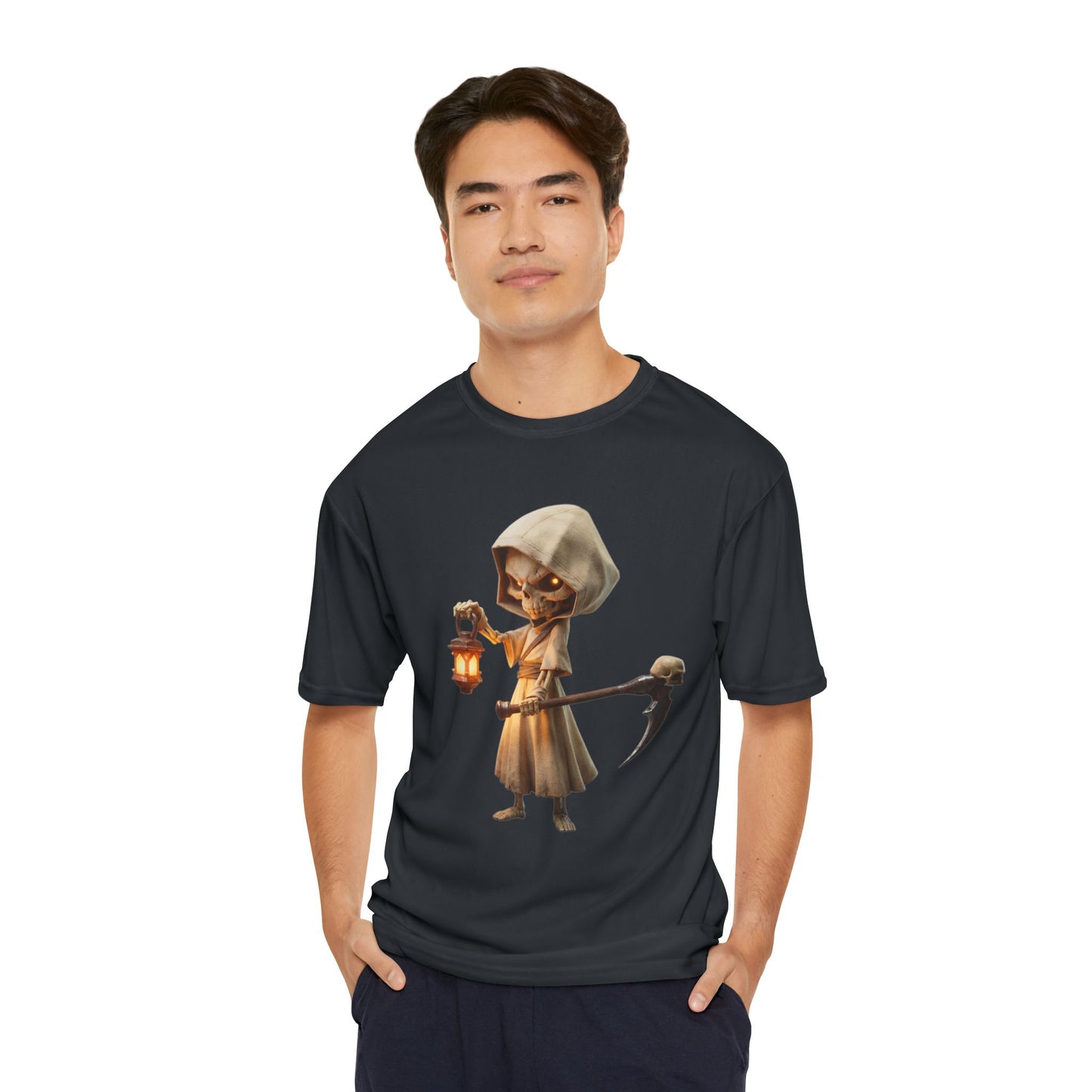 Lantern-Bearing Sentinel Men's Performance T-Shirt – Hooded Grim Reap Guardian