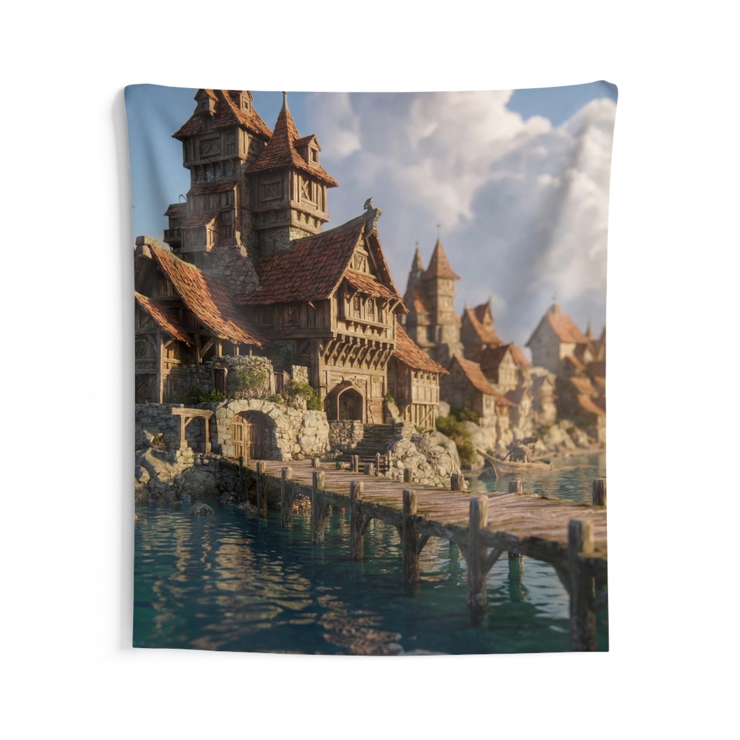 Coastal Viking Village Wall Tapestry – Sunlit Harbor Whispers