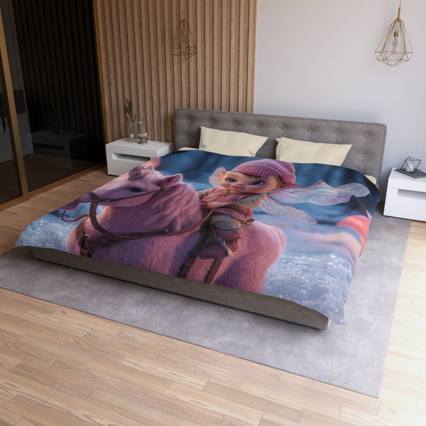 Winged Elf Riding Pink Unicorn Duvet Cover – Winter Mushroom Grove Dreamscape