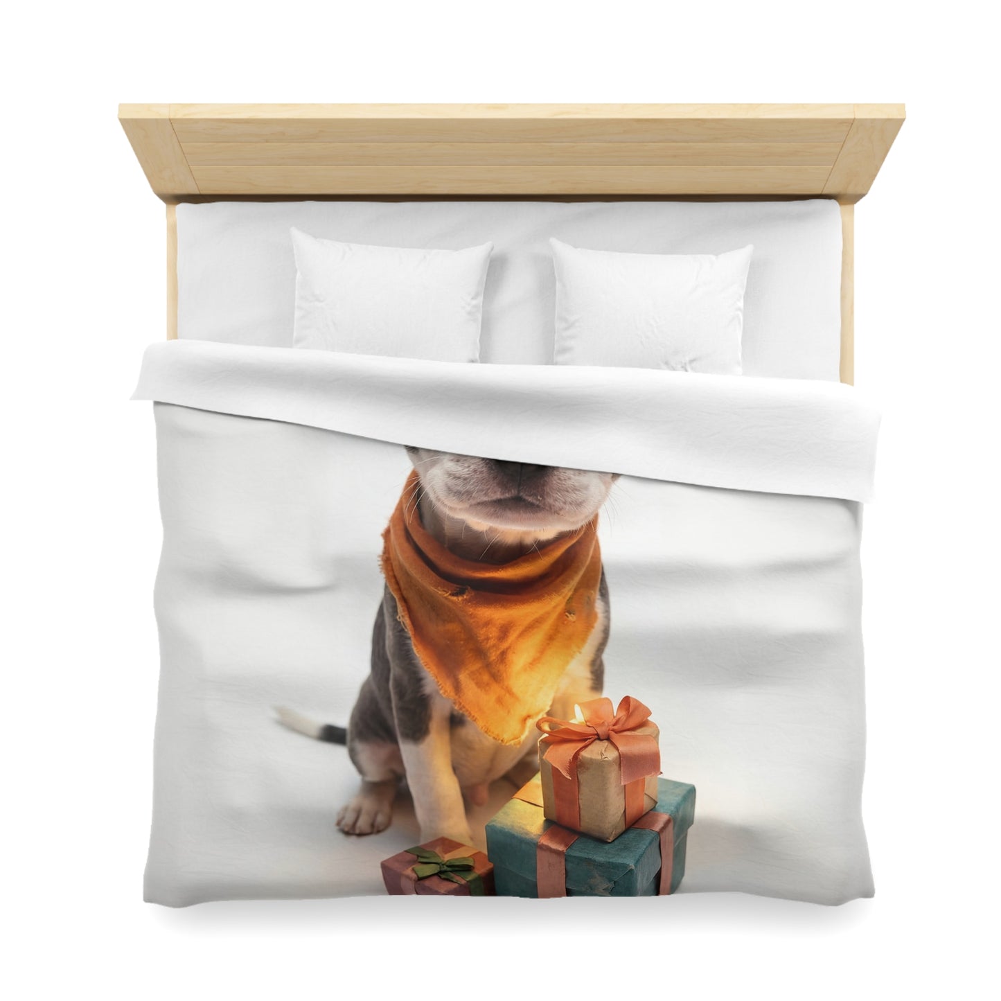 Gift-Wrapped Puppy Microfiber Duvet Cover – Warm Orange Accents on Soft White