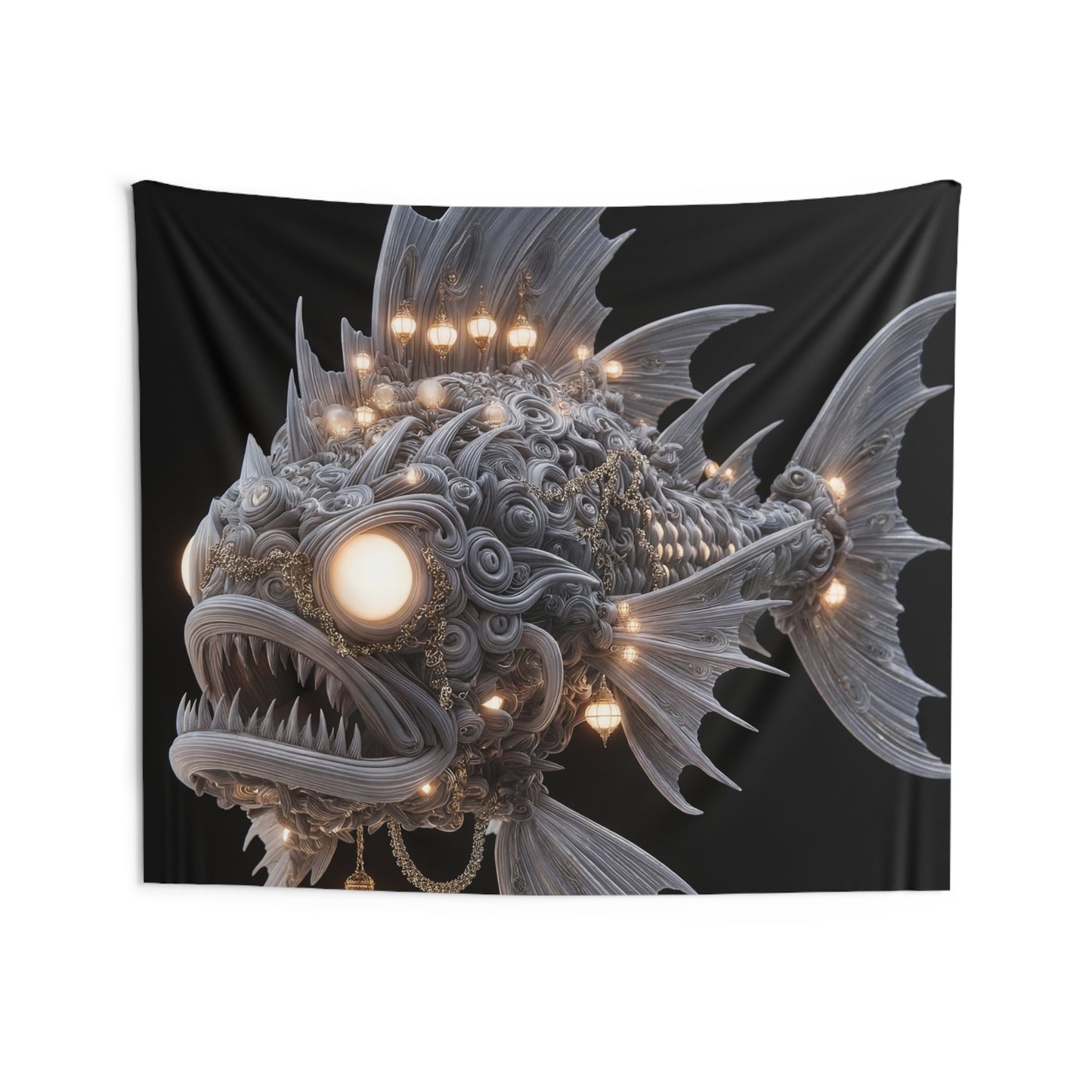 Luminous Deep-Sea Guardian Fish Tapestry – Abyssal Lanterns Against Void