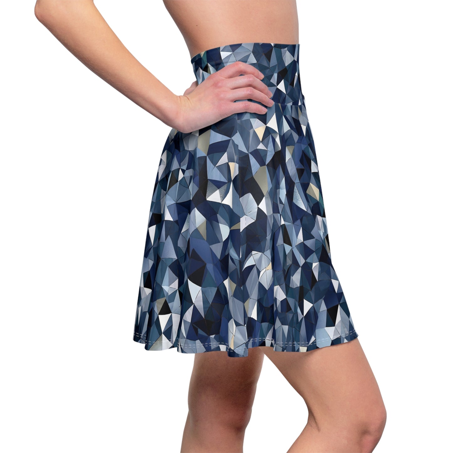 "A geometric pattern inspired by the facets of a telescope lens, using a color scheme of deep navy, cool gray, and shimmering, iridescent accents." - Women's Skater Skirt