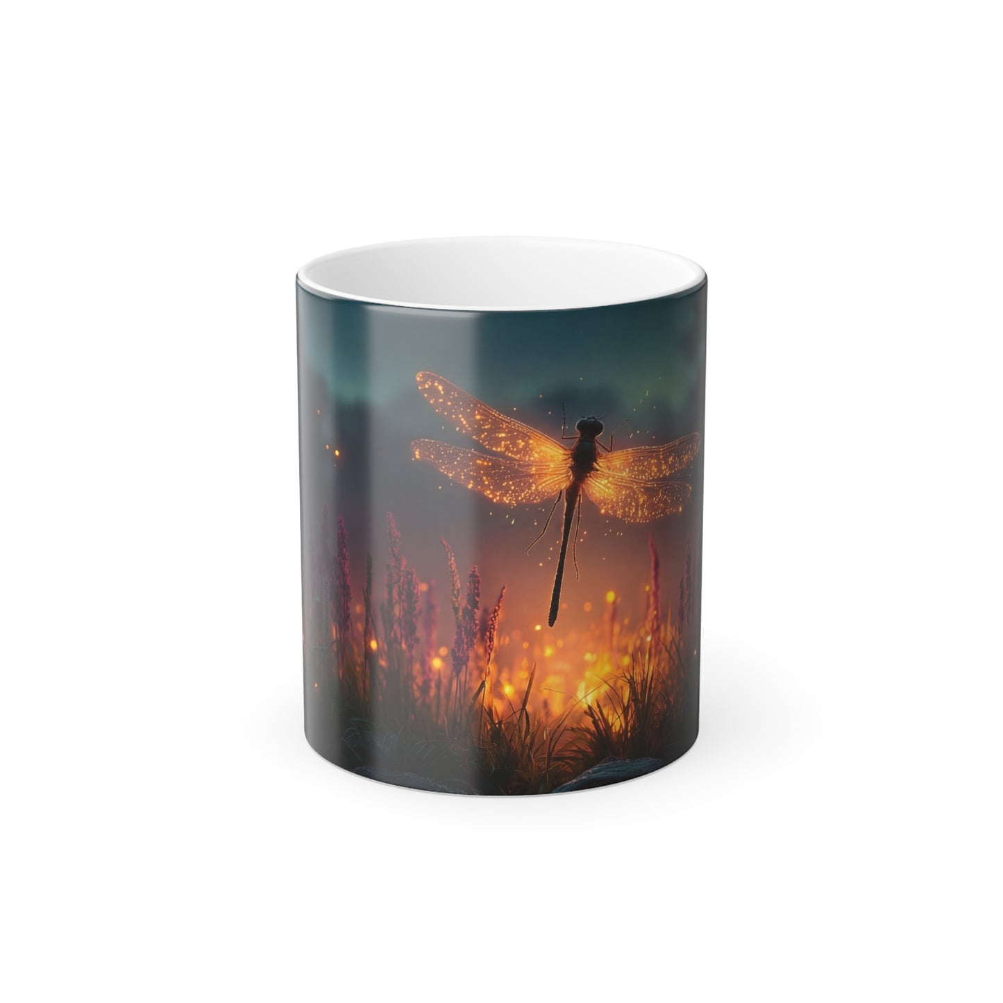 Fire-Wing Dragonfly Color Morphing Mug, 11oz – Amber Glow Over Twilight Marsh