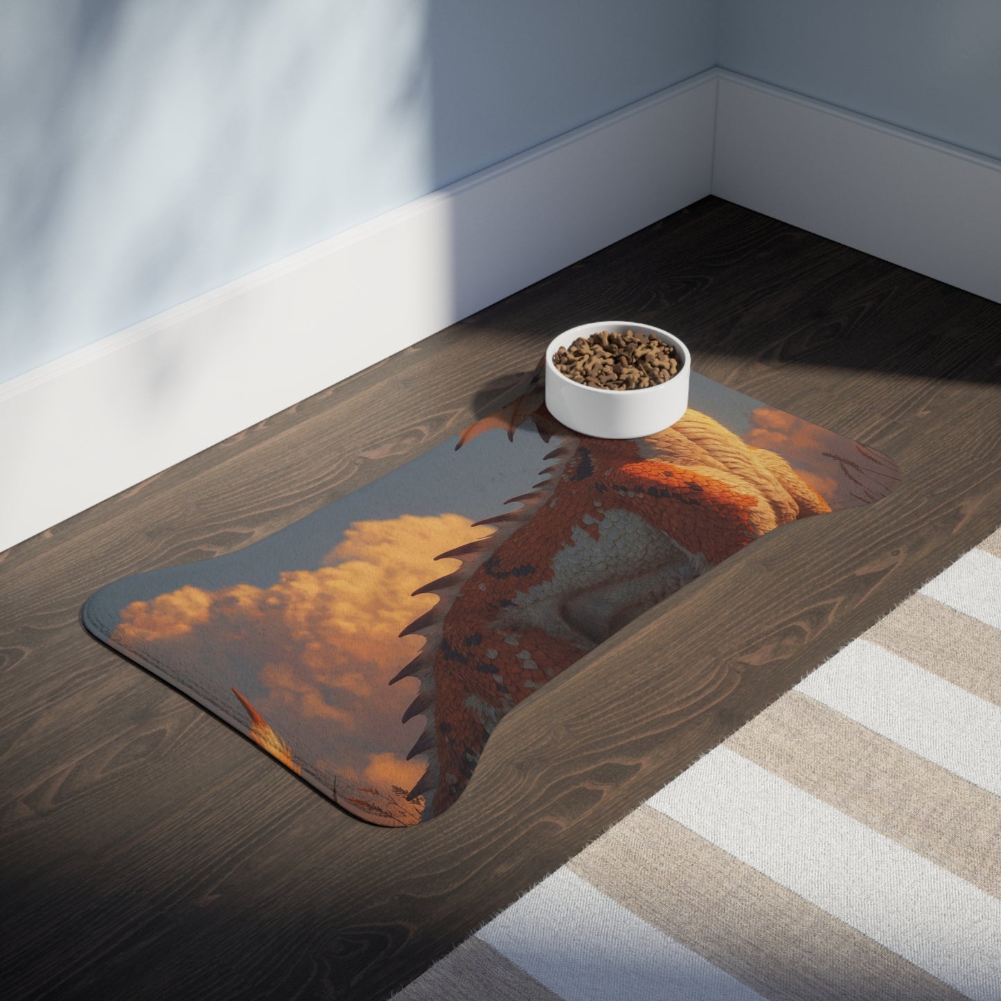 Sunset Sentinel Dragon Pet Feeding Mats – Warm Ember Meadow Glow