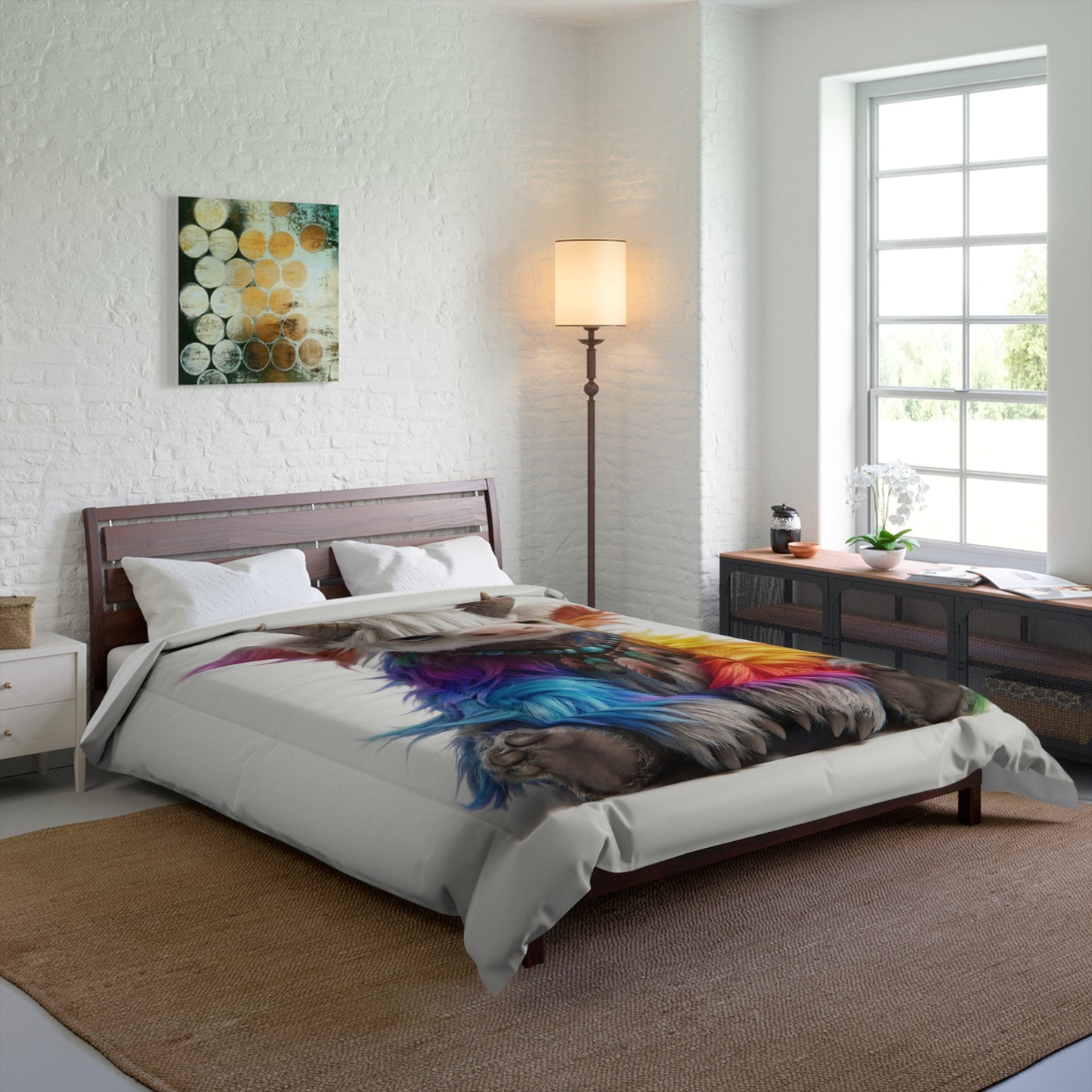 Rainbow Horned Guardian Comforter – Whimsical Furry Spirit Dreamscape