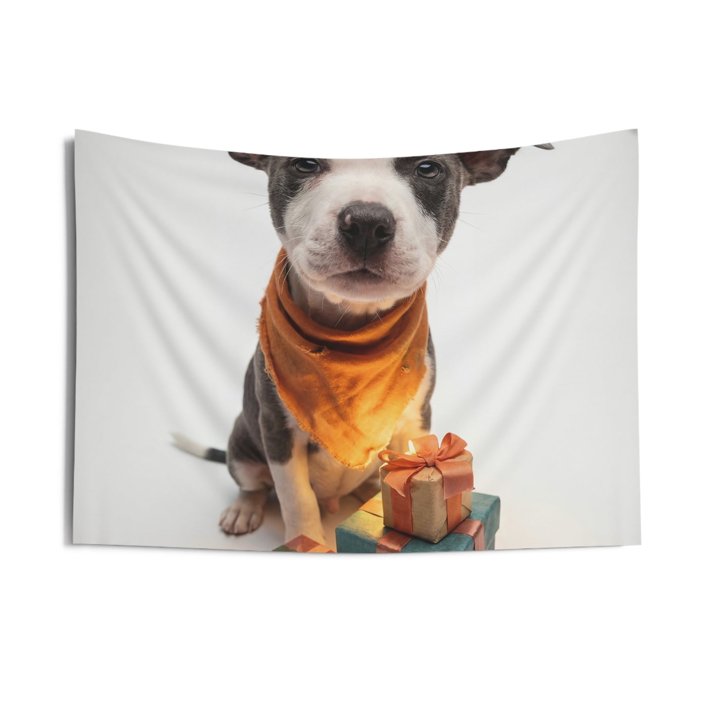 Curious Puppy with Gifts Indoor Wall Tapestries – Warm Orange Bandana and Gift Stack