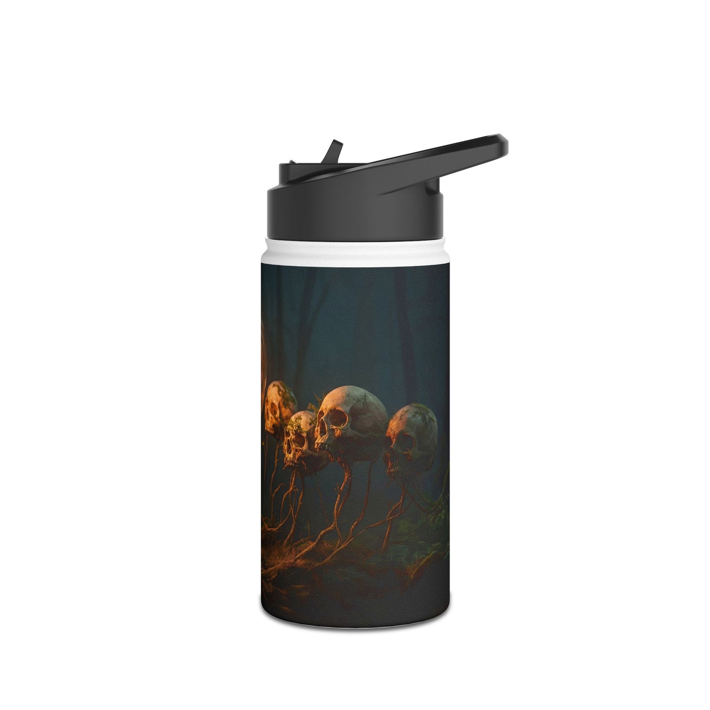 Glowing Lightbulb in Haunted Forest Stainless Steel Water Bottle, Standard Lid – Illuminated Wisdom Among the Ancient Bones
