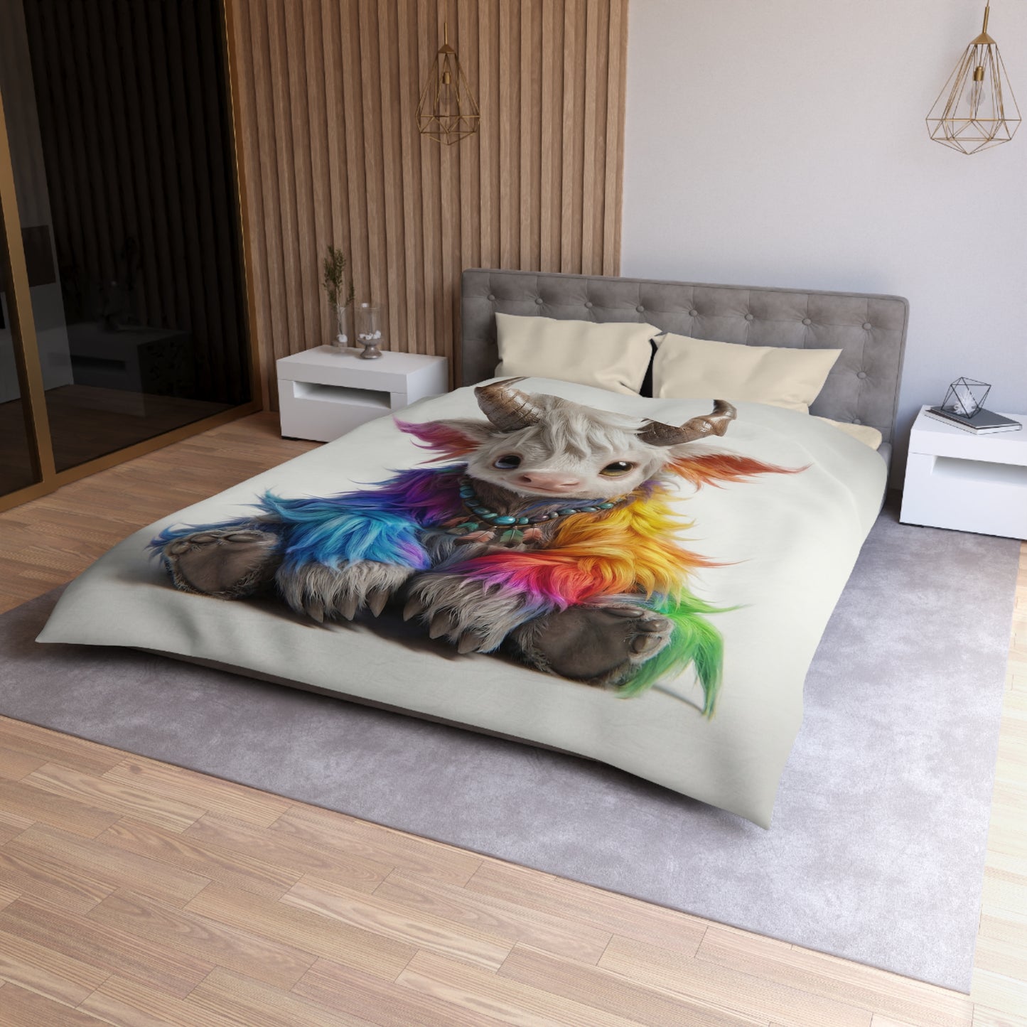 Rainbow Horned Guardian Microfiber Duvet Cover – Whimsical Spirit of the Whispering Peaks