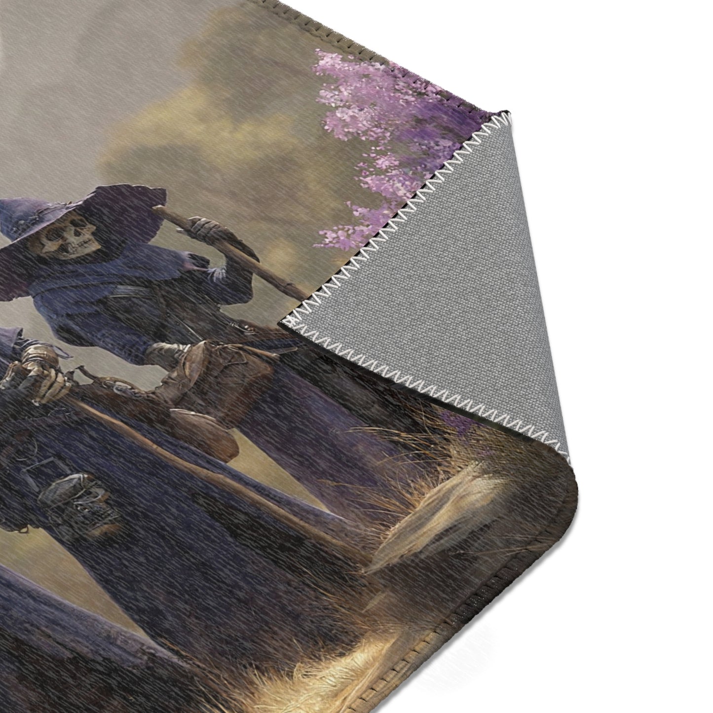 Four Wandering Skeletal Wizards Area Rug – Purple Hooded Pilgrims Through Misty Peaks