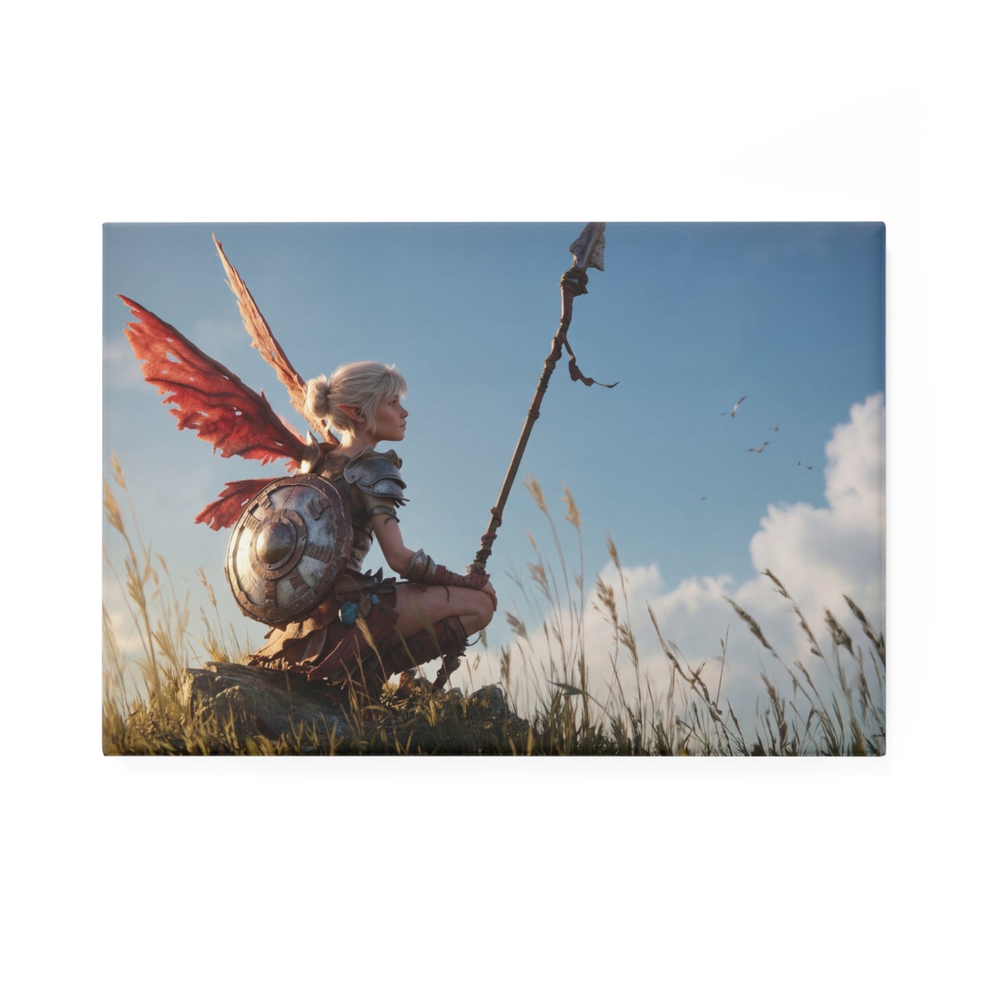 Angelic Warrior with Red Wings Button Magnet, Rectangle (1 & 10 pcs) – Sunset Sentinel on the Hill