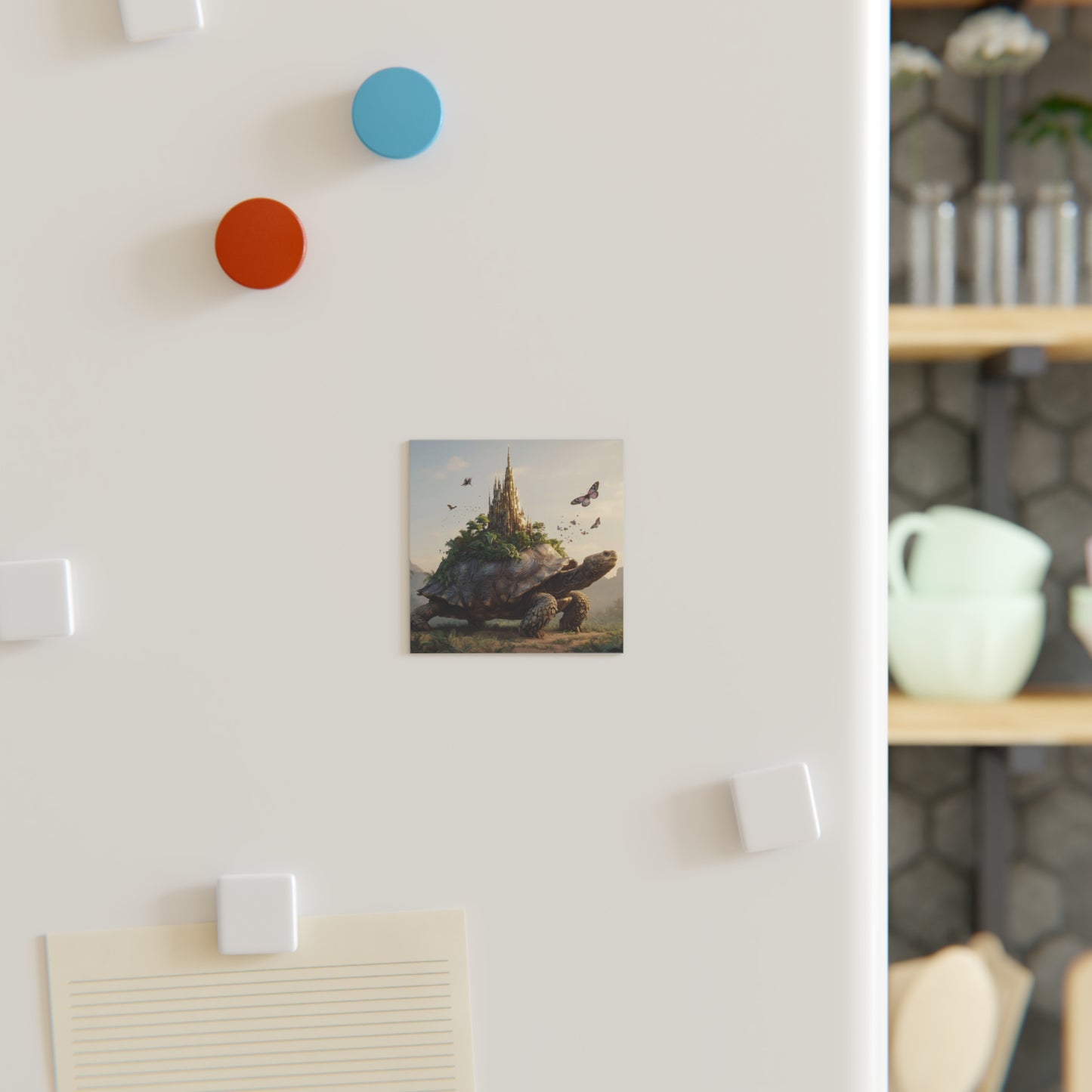 Castle on Turtle Back Square Magnet – Sunlit Fantasy Sanctuary