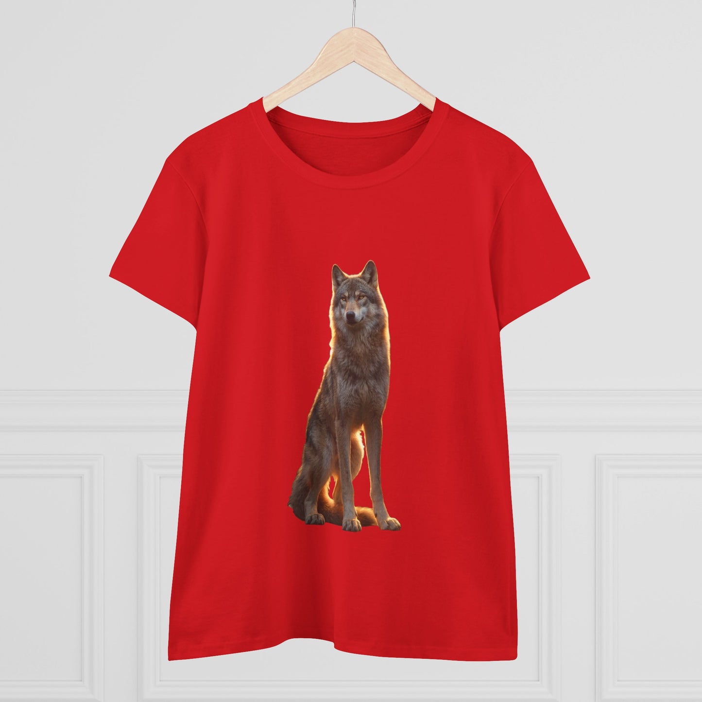 Golden Hour Wolf Women's Midweight Cotton Tee – Sentient Silhouette on Black