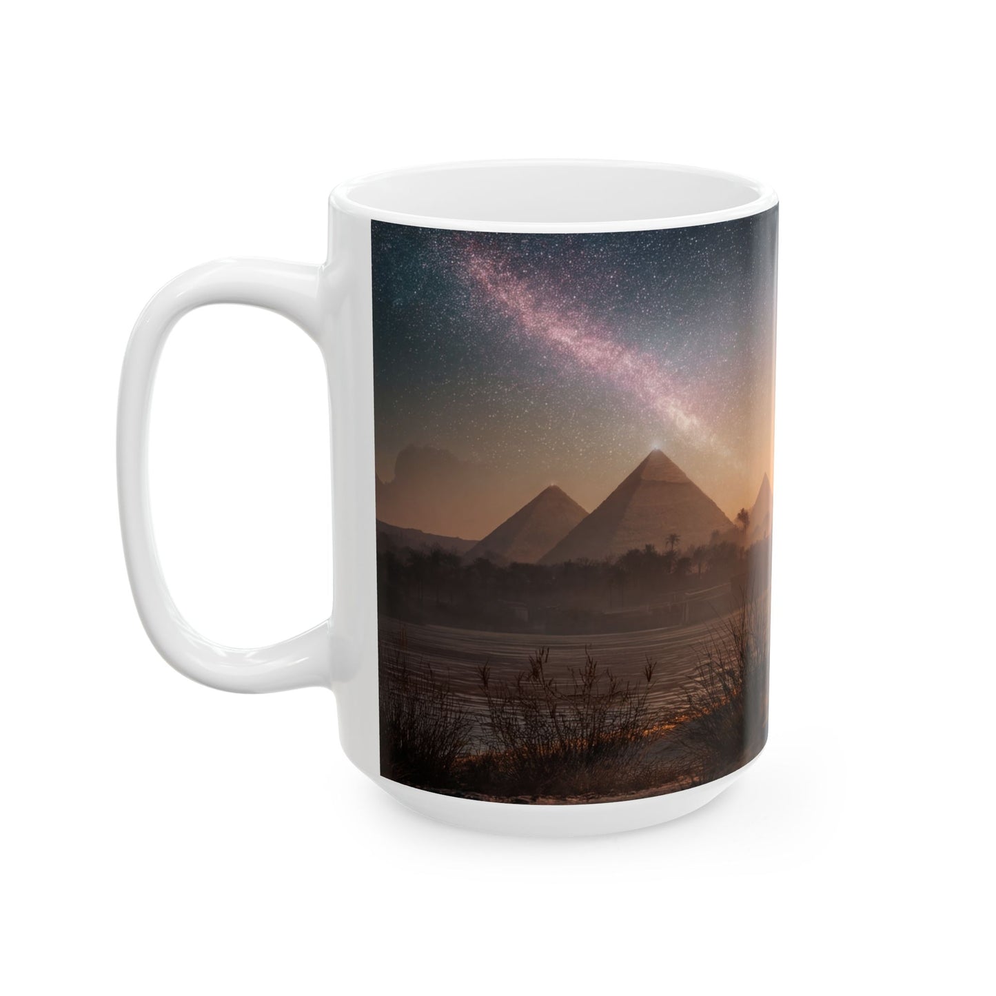 Starlit Pyramids Cat Mug – Ancient Nightwatchers Under Milky Way
