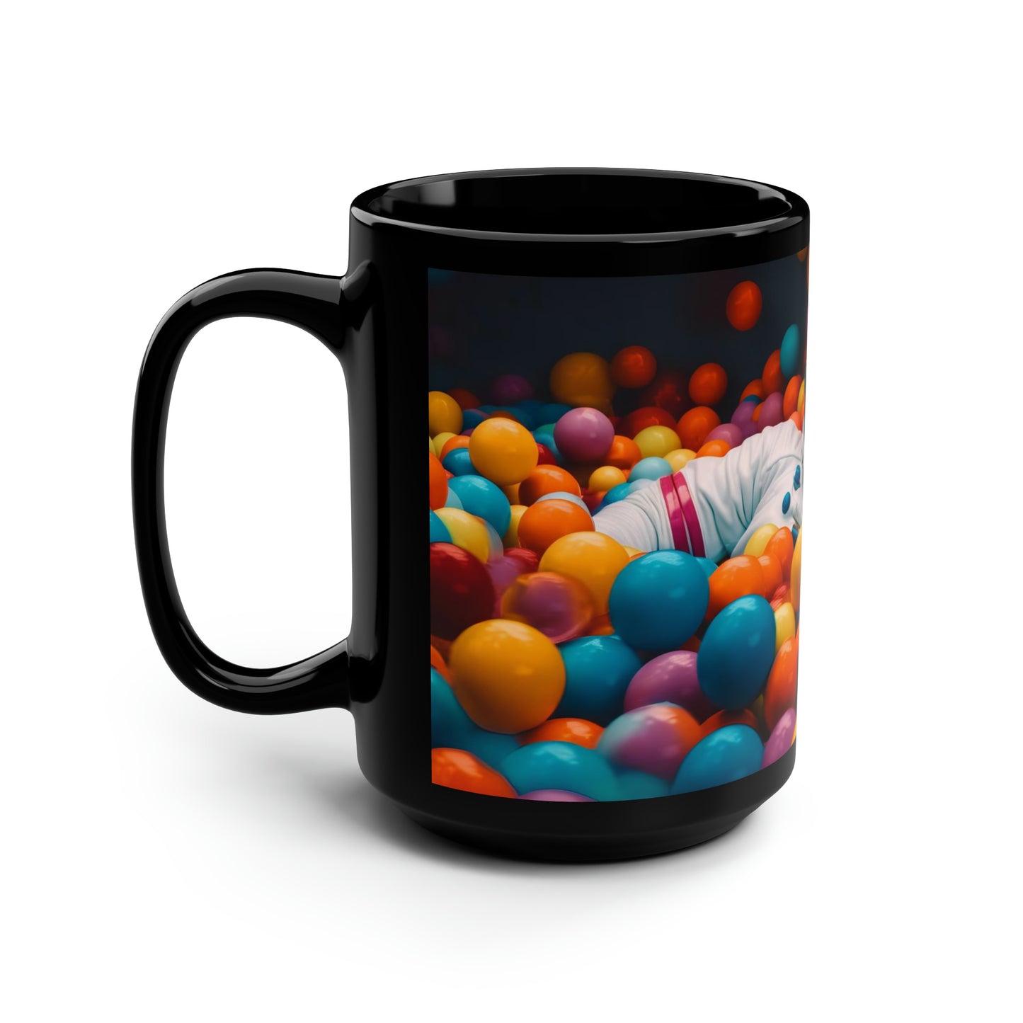 a realistic of photography astronaut lying in colourful balls pool - Mug, Black