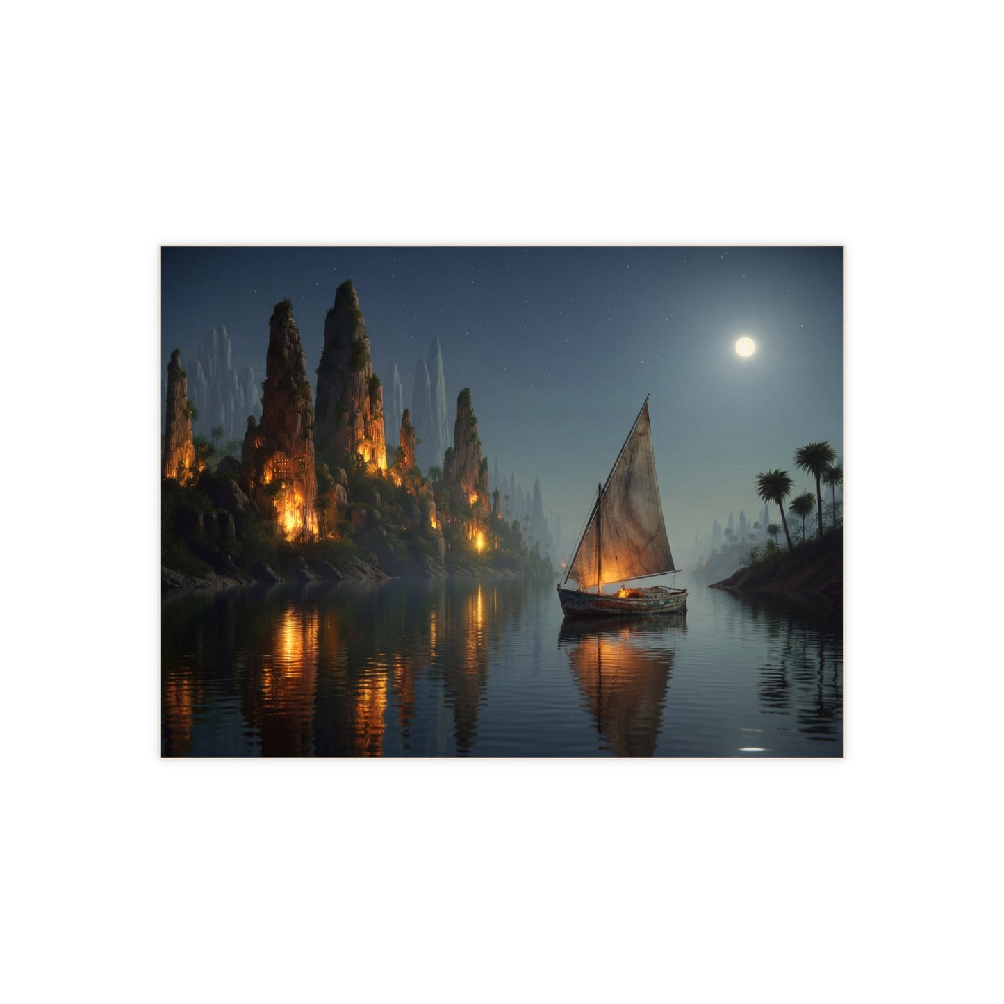 Moonlit River Voyage Ceramic Photo Tile – Warm Light Through Ancient Peaks