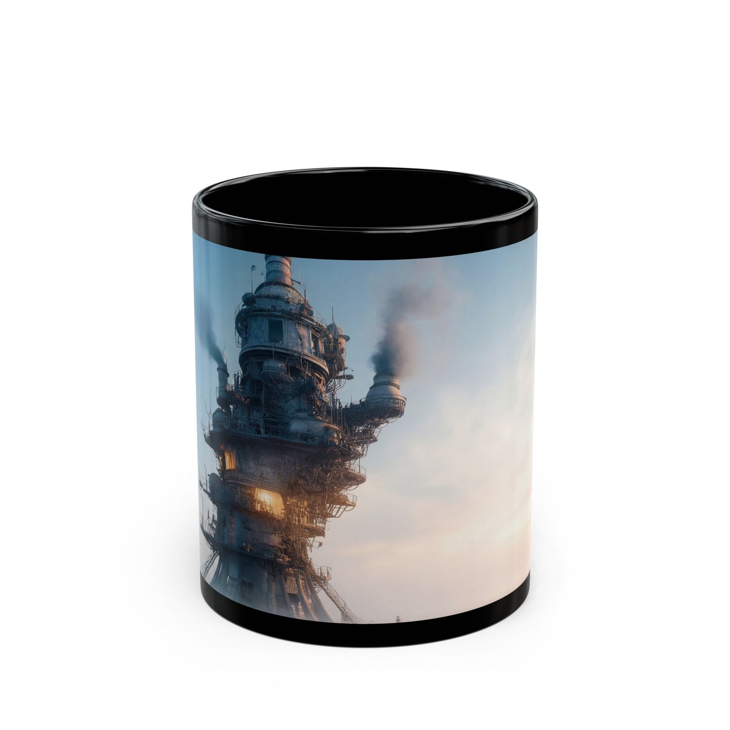 Skyward Steam Tower Black Mug – Dawn’s Industrial Reverie