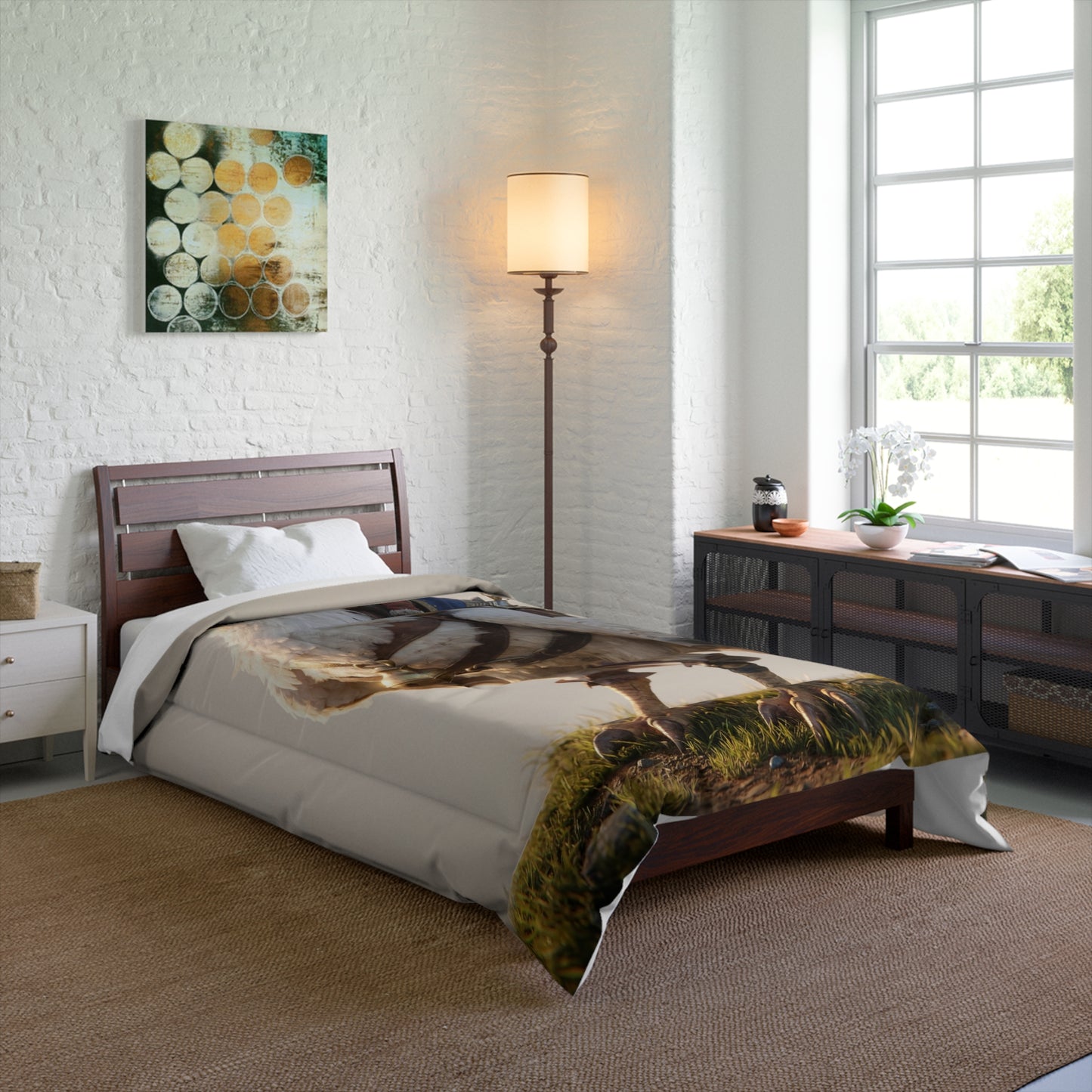 Young Rider on White Hawk Comforter – Sunset Skyward Companion