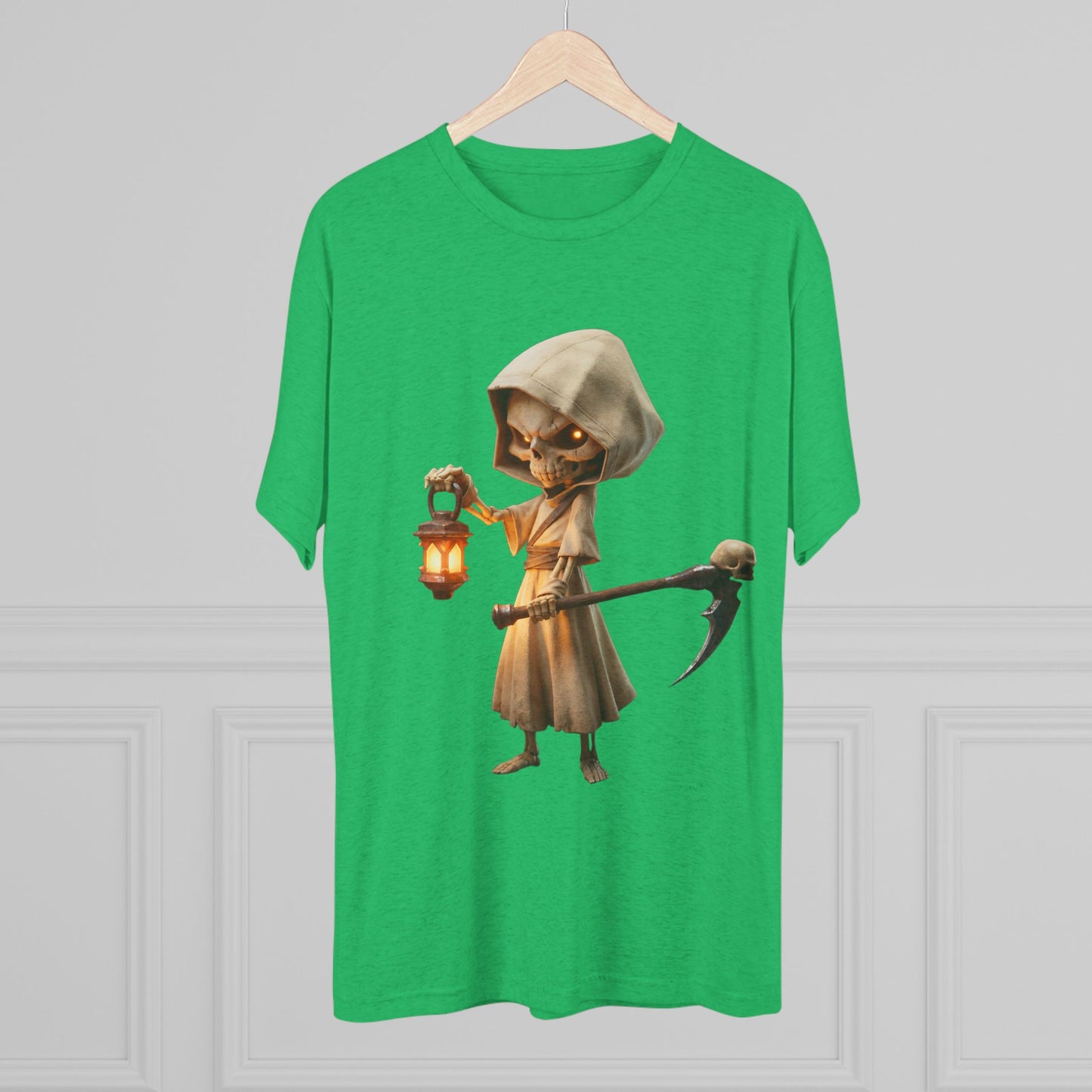 Lantern-Bearing Skeleton Hoodie Tee – Soft Tri-Blend Crewneck with Scythe and Glowing Eyes