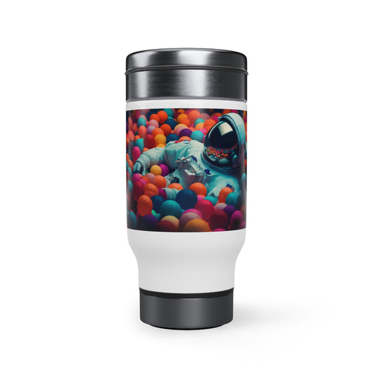 a realistic of photography astronaut lying in colourful balls pool - Stainless Steel Travel Mug with Handle, 14oz