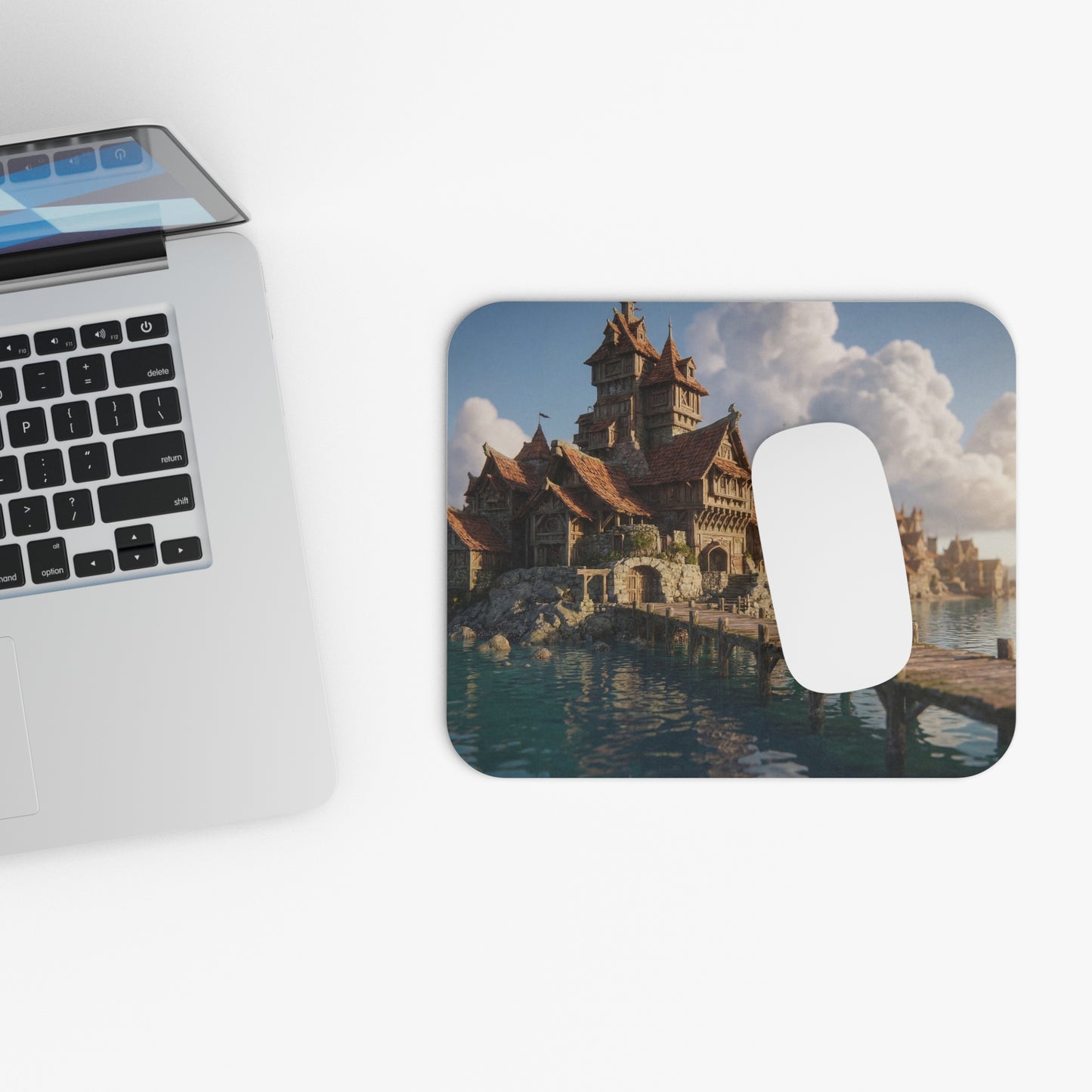 Harbor Haven Mouse Pad (Rectangle) – Sunlit Coastal Village Dreamscape