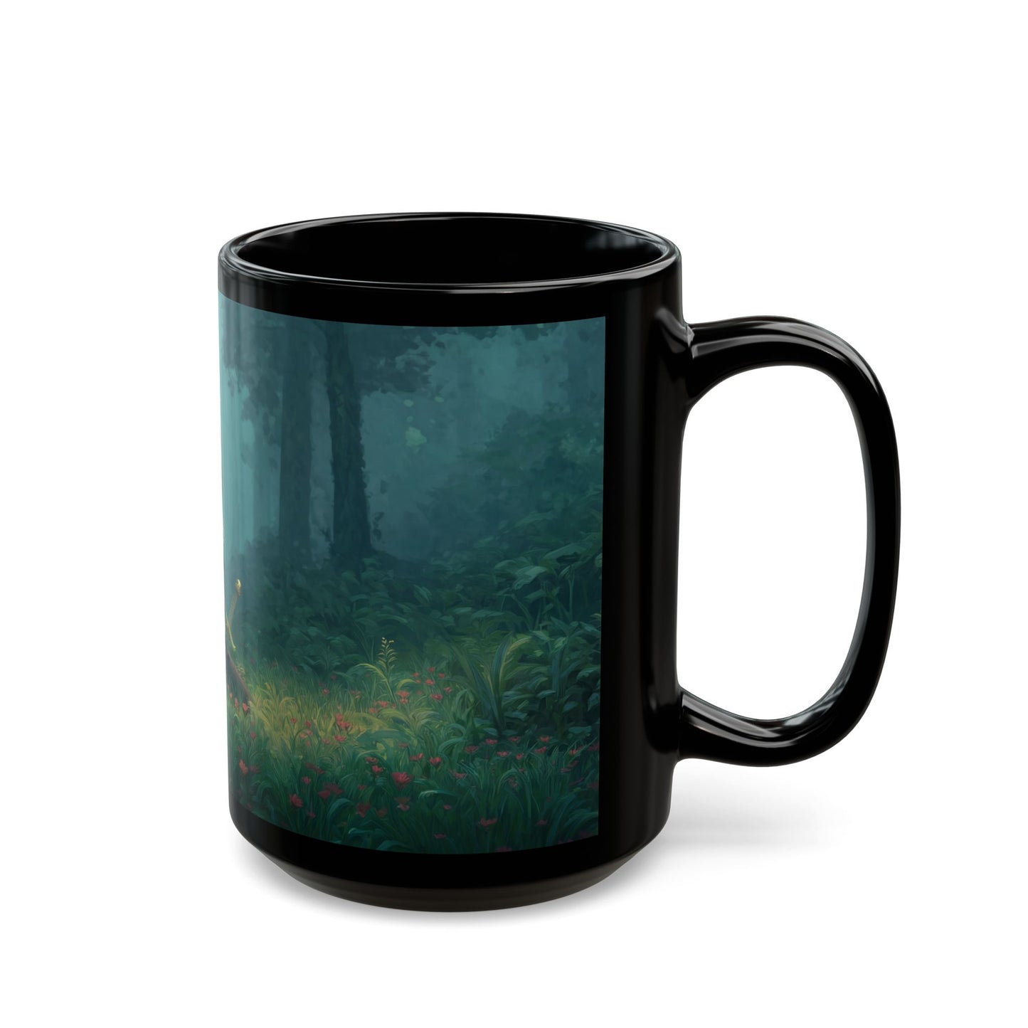 Forest Sentinel Black Mug – Misty Grove Guardian Dreamscape