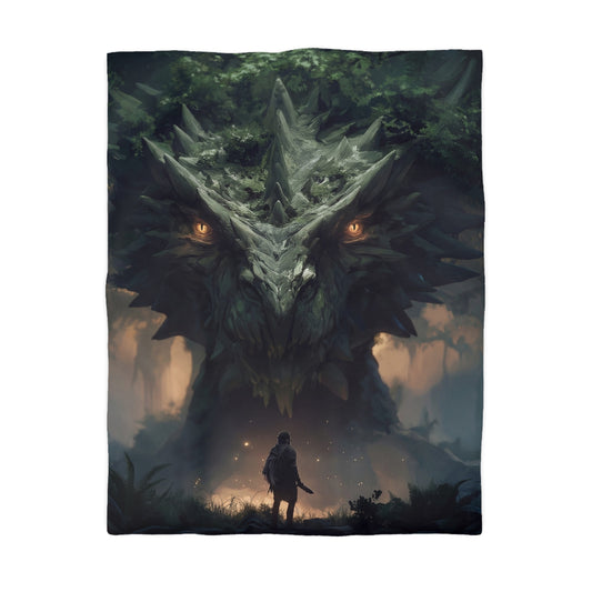 Ancient Dragon Sentinel Microfiber Duvet Cover – Forest Guardian at Dusk