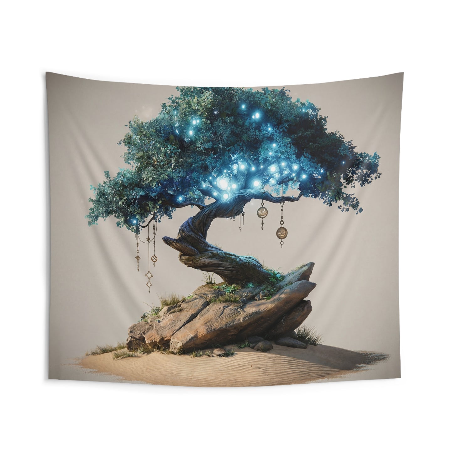 Luminous Wisdom Tree Indoor Wall Tapestries – Azure Glow Amidst Desert Sands