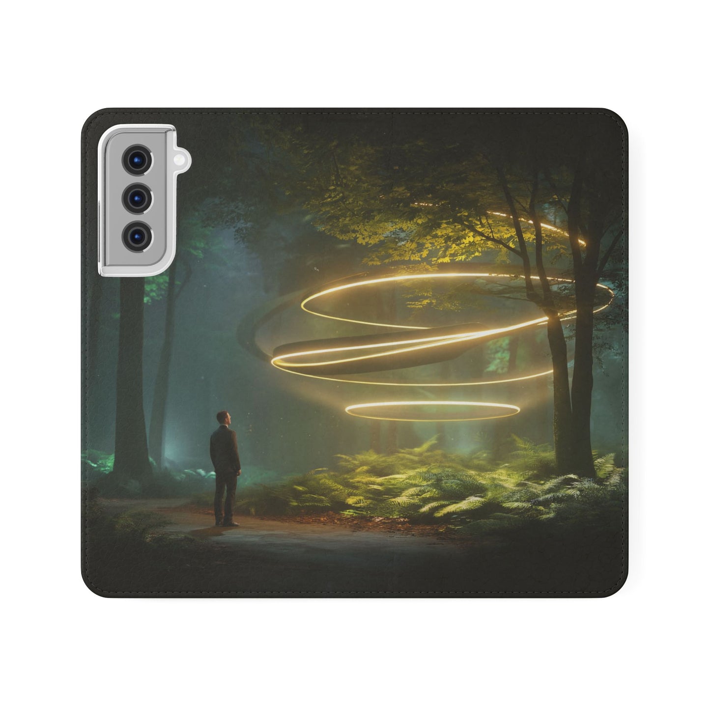Luminous Spiral Forest Flip Cases – Golden Light Rings Mystery Scene