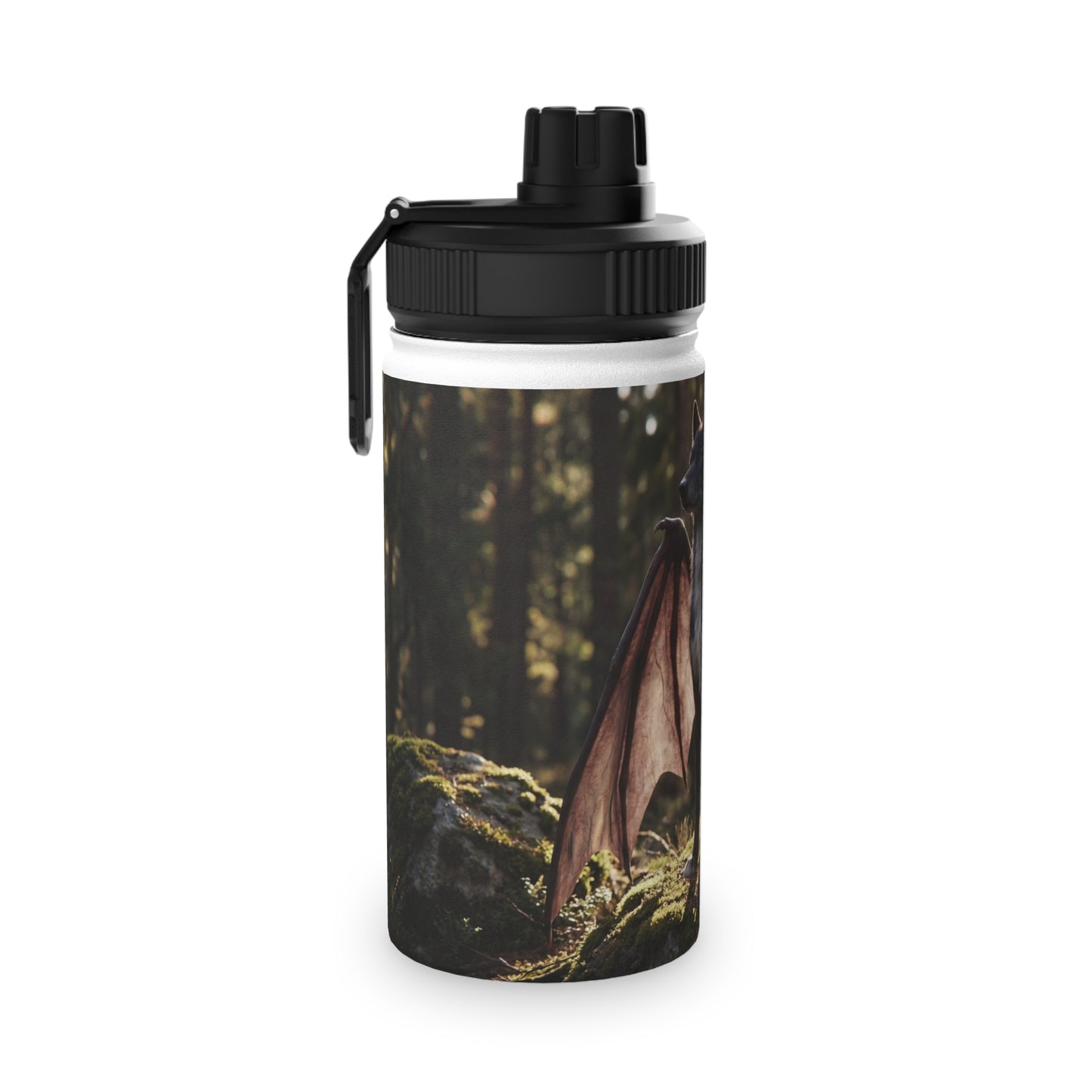 Dragon Wolf in the Sunlit Woods Stainless Steel Water Bottle, Sports Lid – Guardian of the Mossy Glade