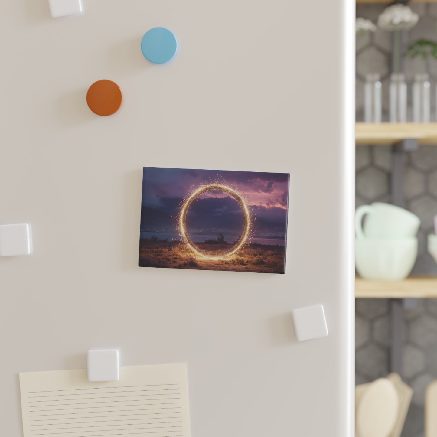 Sparkling Portal Button Magnet, Rectangle (1 & 10 pcs) – Golden Ring Over Twilight Lake
