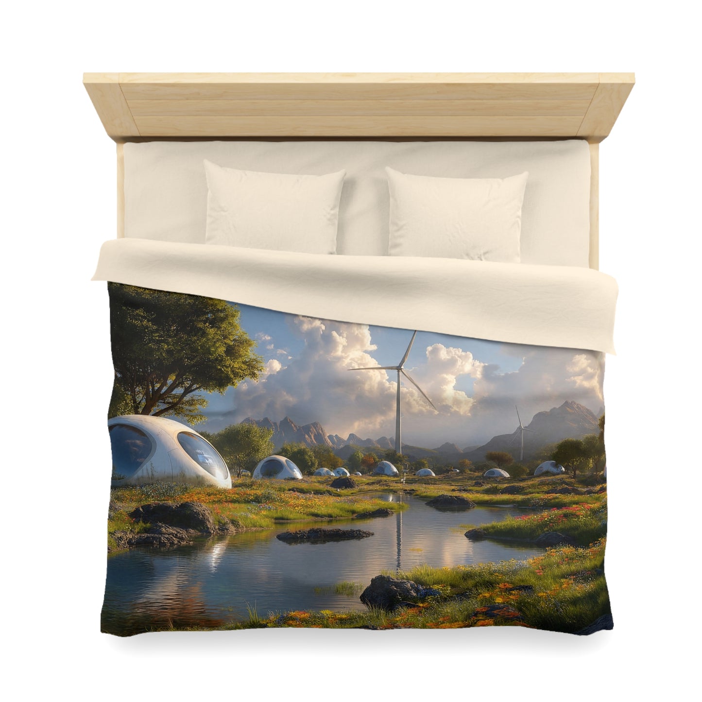 Futuristic Dome Village Microfiber Duvet Cover – Sunrise Over Green Energy Dreams