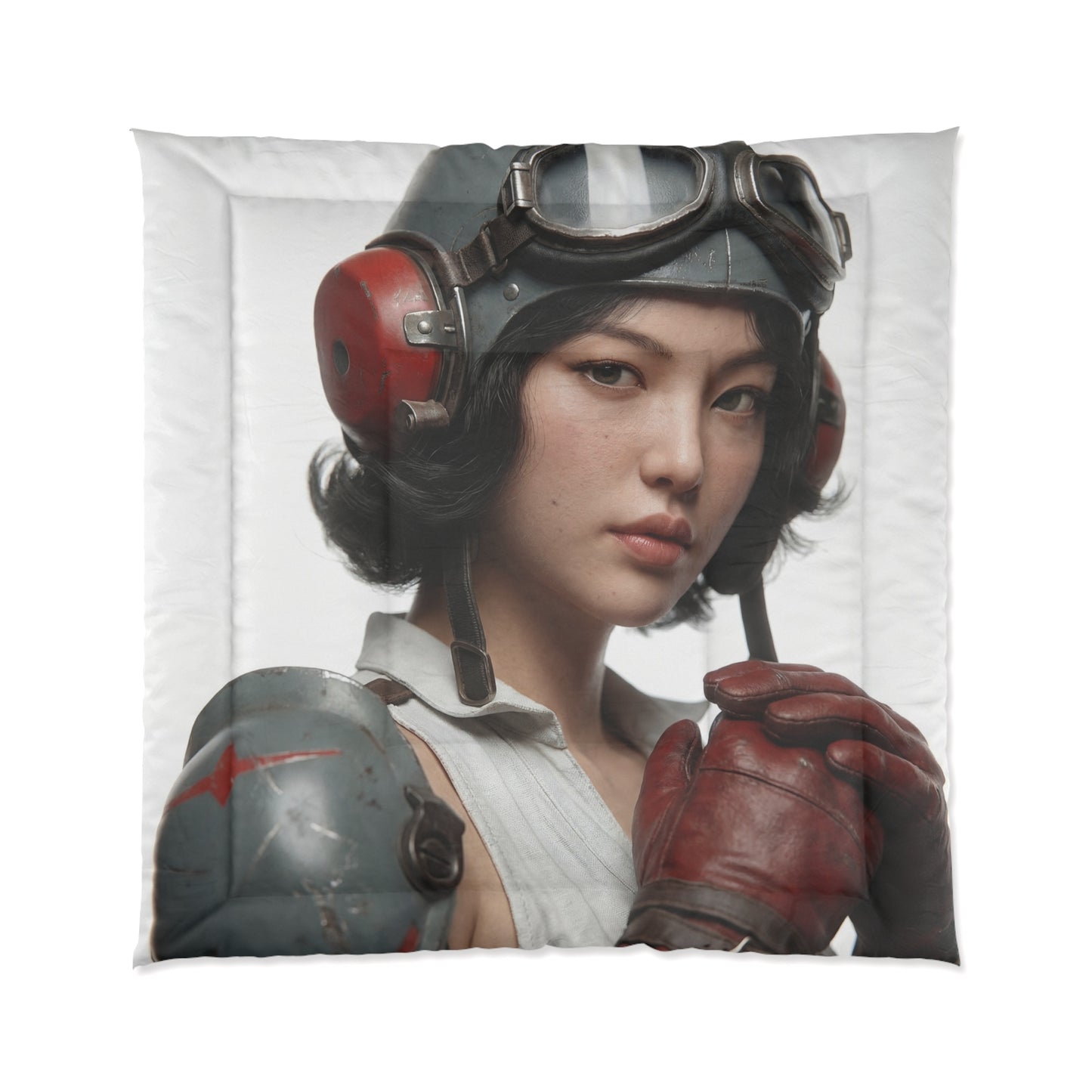 Vintage Pilot Portrait Comforter – Crimson Goggles & Steel Helm
