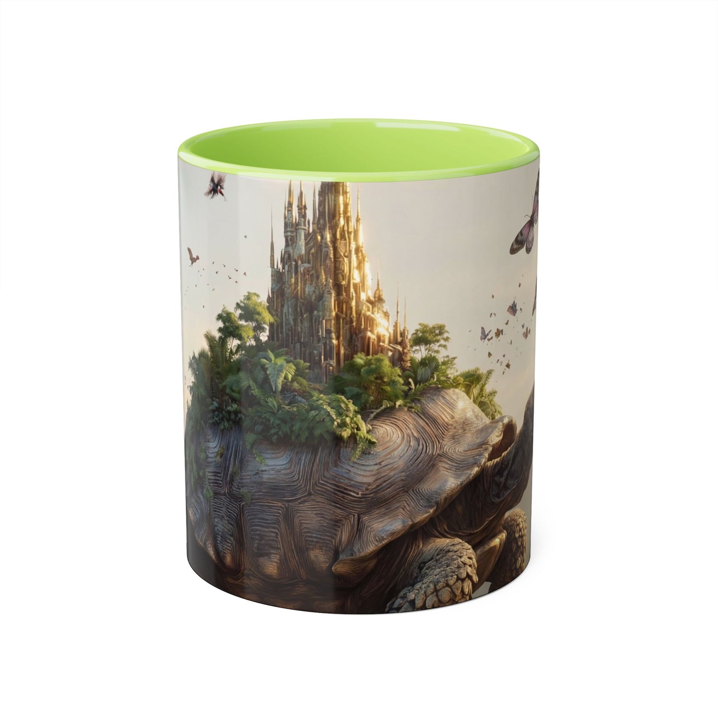 Mythic Tortoise Castle Mug – Golden Spire & Lush Grove Accent Mugs, 11oz