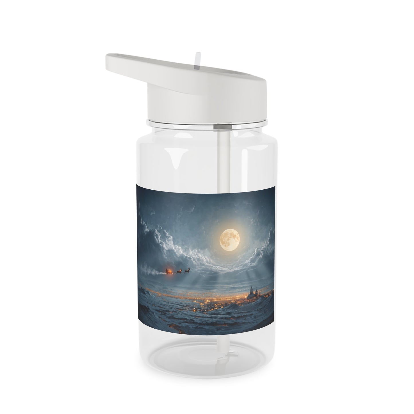 Moonlit Sleigh Ride Tritan Water Bottle – Frosty Cityscape Under Giant Moon