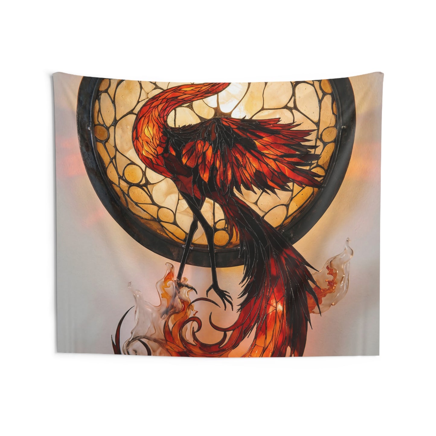 Stained Glass Phoenix Wall Tapestry – Fiery Rebirth Glow Art